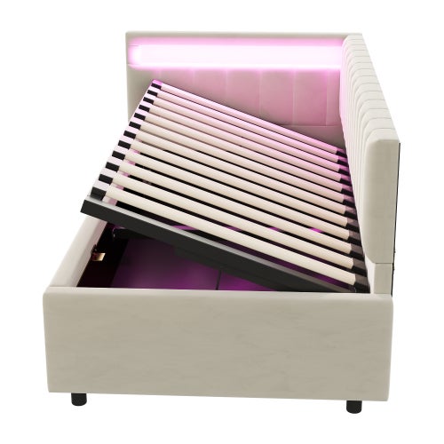 Canapé-lit 90 x 200 cm avec LED, espace de rangement, sommier à lattes, en velours, beige, sans matelas - 7