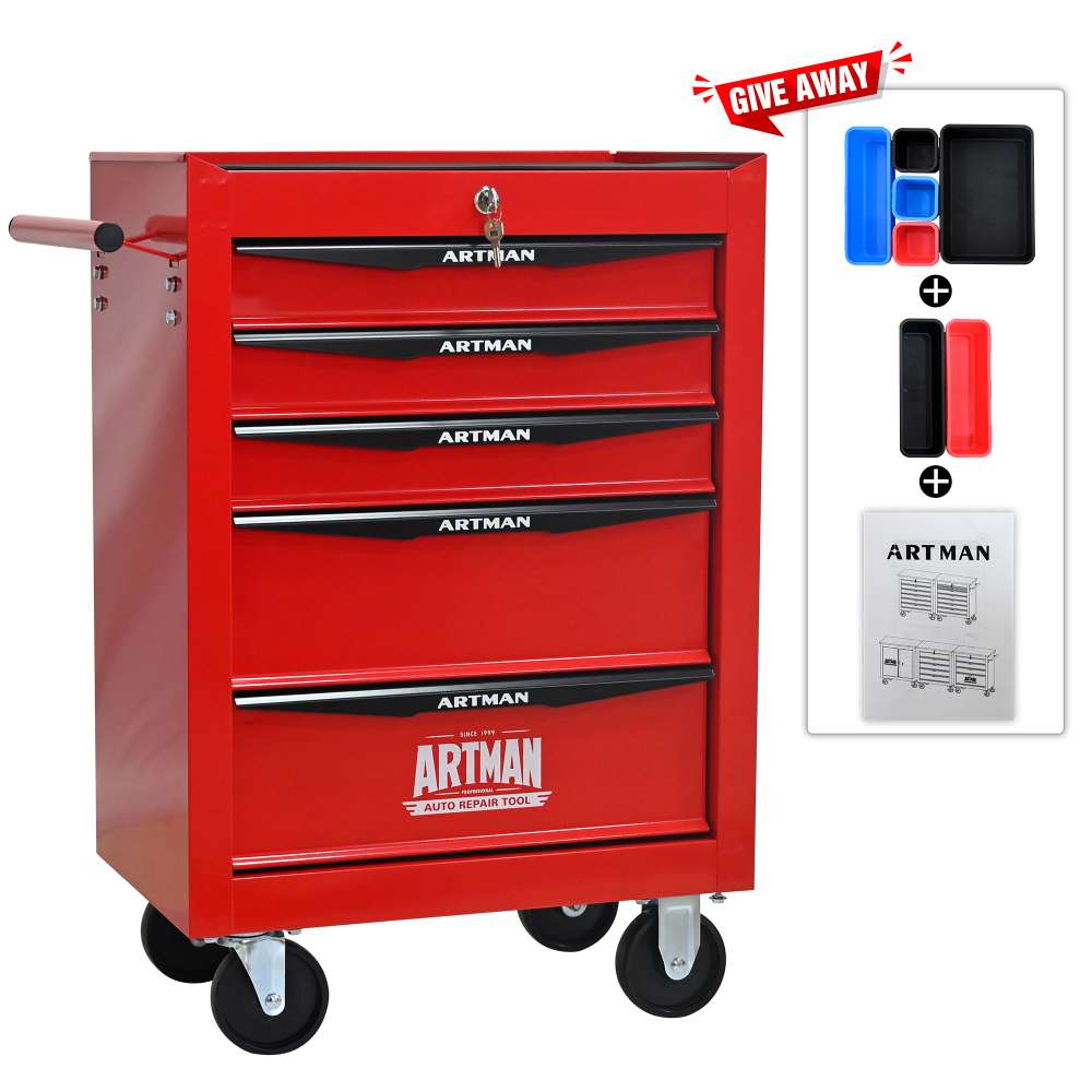 Caisse à outils roulante 5 tiroirs, glissières à billes, boîte en acier, organiseur, rouge et noir. - 4