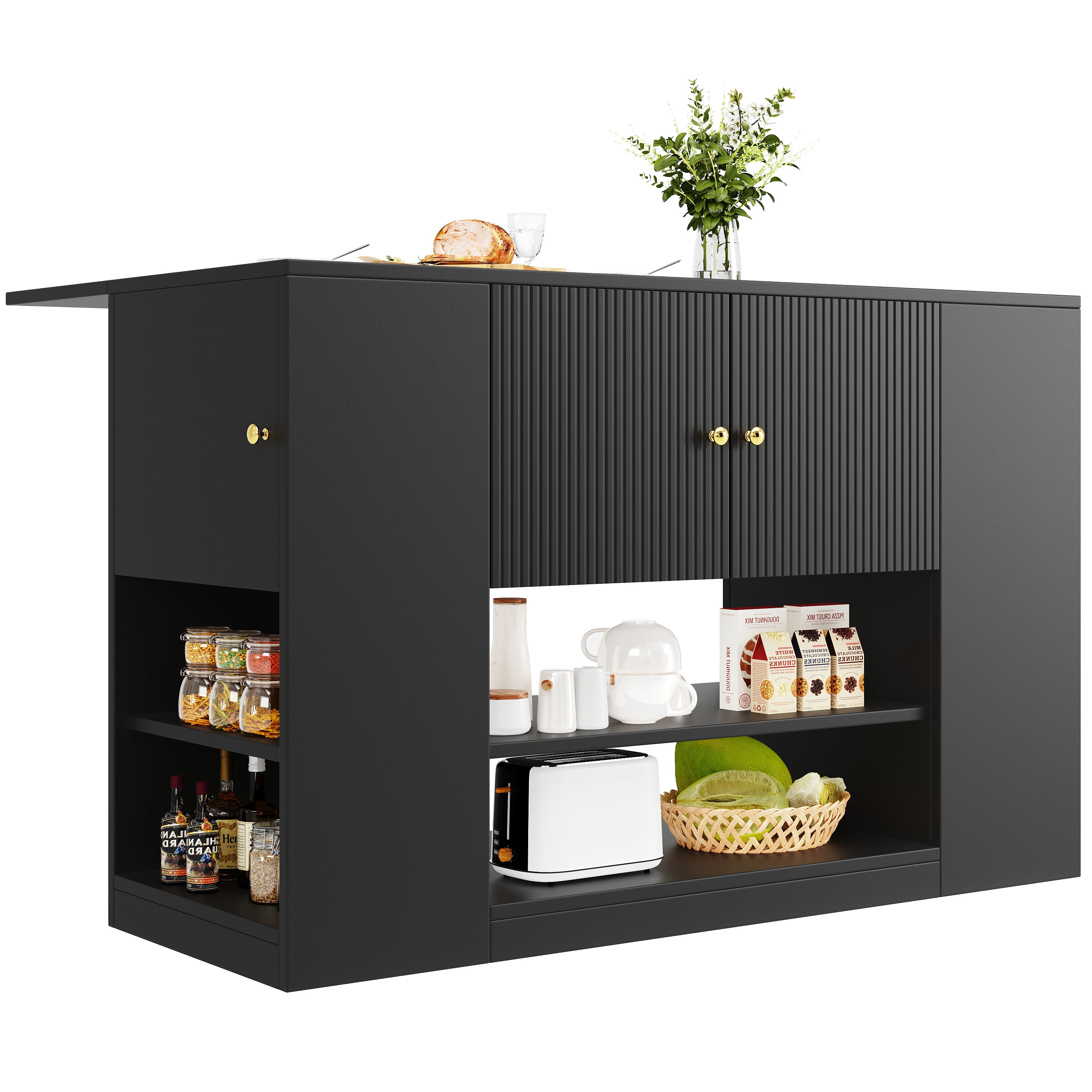 Ilot central de cuisine avec 3 portes, 2 tiroirs et compartiments ouverts - Plateau extensible - 140x40/70x90 cm - MDF - Noir - 9