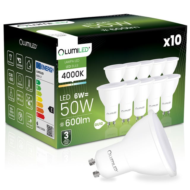 10x Żarówka LED GU10 Reflektor PAR16 6W 600lm 4000K Neutralna biel 120st LUMILED