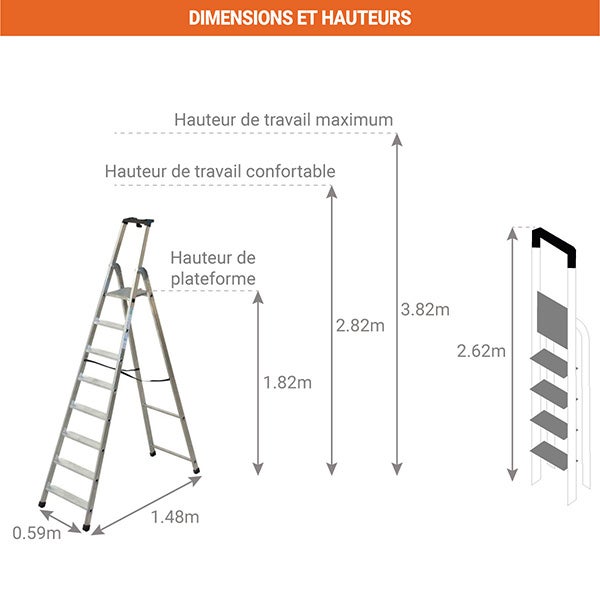 Escabeau 8 marches - Hauteur max. de travail 3.82m - Q60/8 - 2