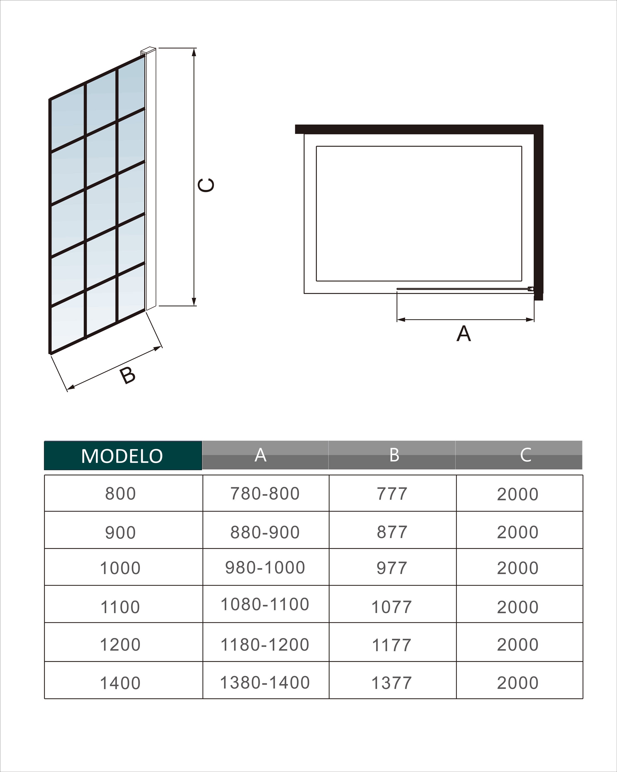 AICA Walkin Mampara Panel de ducha serigrafiada de celosía cuadrada Vidrio Antical 8mm con Barra1 90cm Perfil Negro Mate (88-90)x200cm - 4