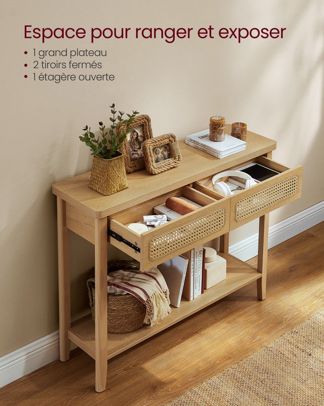 Table Console pour couloir, table de couloir avec 2 tiroirs, étagère ouverte, coins arrondis, style bohème, chêne beige - 6