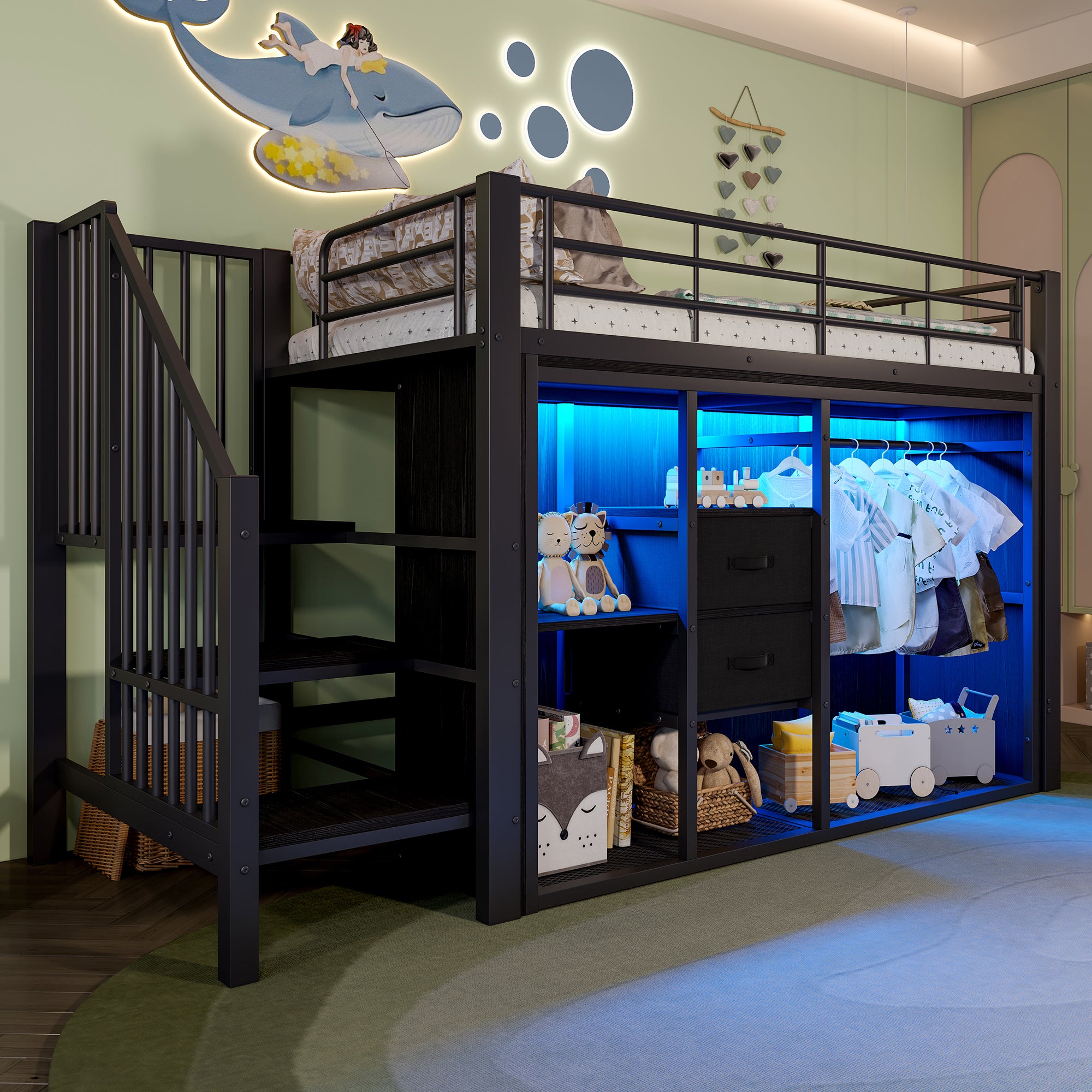 Cama altillo 90x200 cm, cama niño con 2 cajones, armario abierto y LED ...