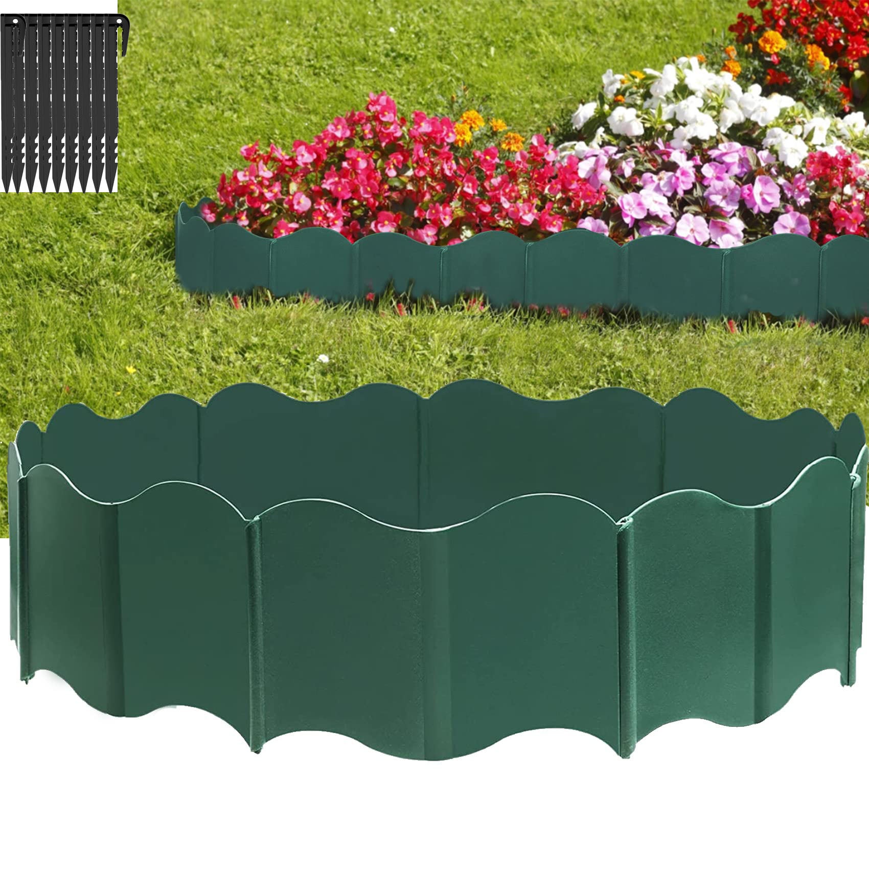 Bordo per prato, 10 m, altezza 10 cm, bordo flessibile da giardino, in plastica, con 50 paletti, per giardini e prati, aiuole, sentieri, bordi di ghiaia, facile da tagliare, grigio