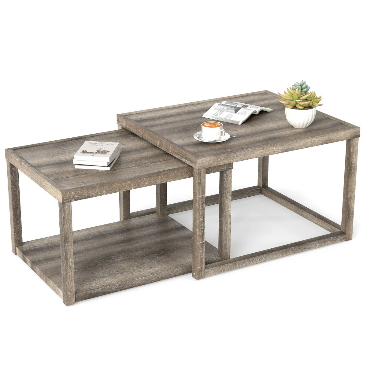 Essenza Juego De 2 Mesas De Centro Anidadas Mesas Auxiliares Rectangulares Apilables Con Estante De Almacenamiento Estructura De Madera De Gris , Leroy Merlin
