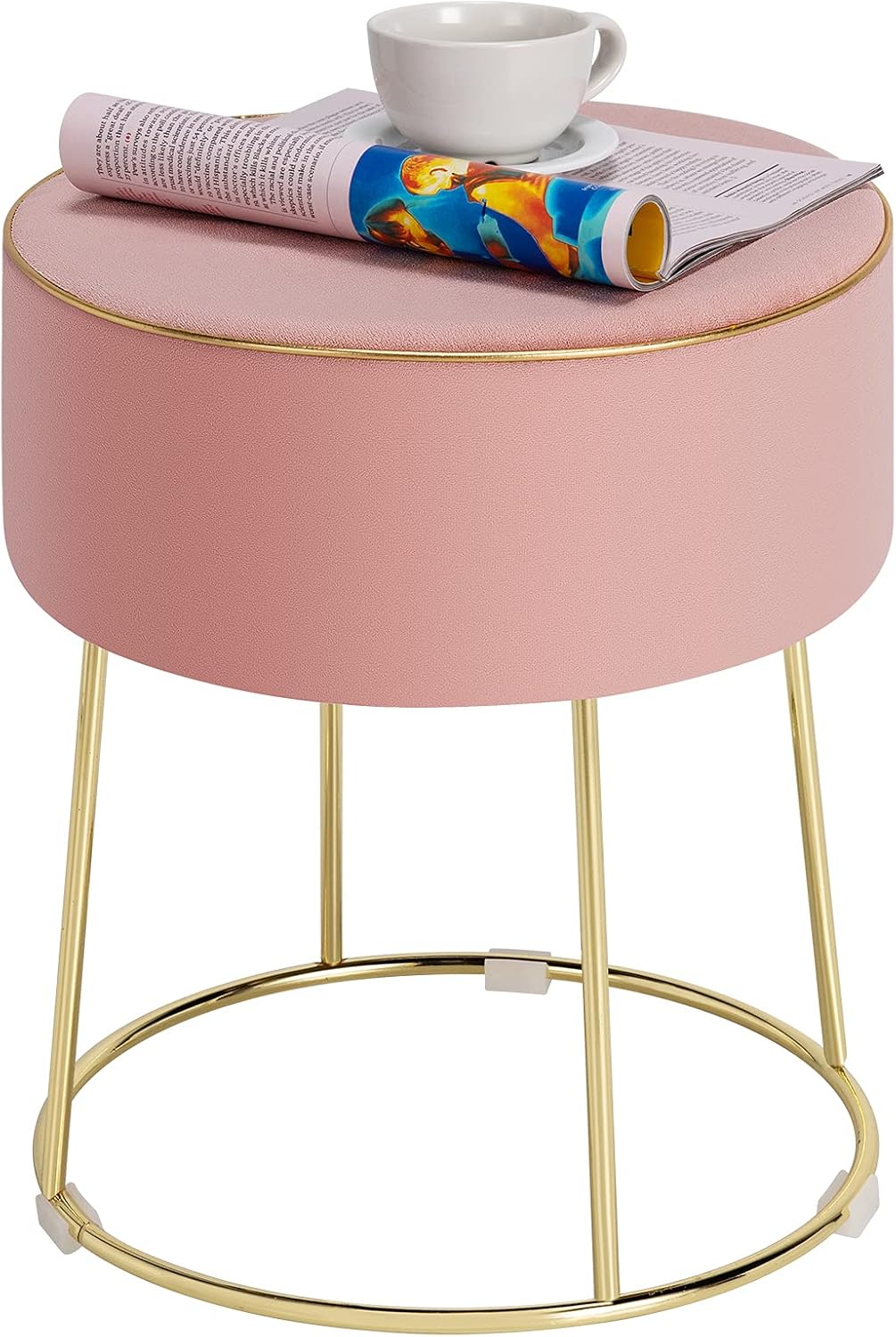 Stołek do Toaletki z Aksamitu, Krzesło do Toaletki do Sypialni z Okrągłą Złotą Metalową Podstawą, Okrągła Pufa, Podnóżek, Stołek z Aksamitu (Różowy)