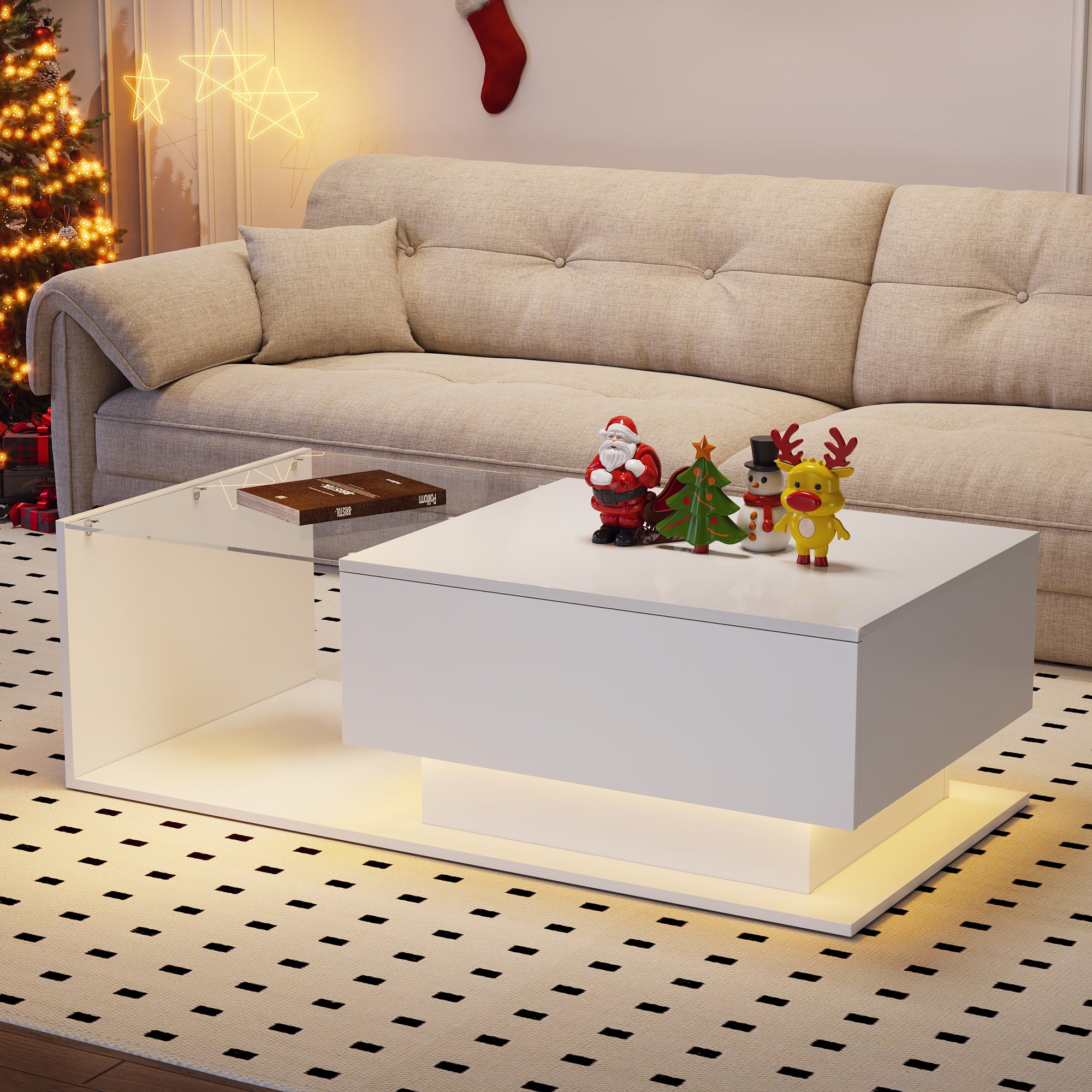 Table basse avec grand tiroir - 100x50x32 cm - LEDs - plateau en verre - Panneaux de particules - Blanc brillant - 2