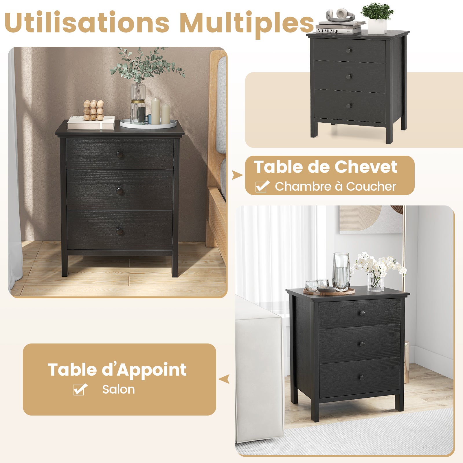 Table de chevet 3 tiroirs teck massif foncé Halto | Leroy Merlin
