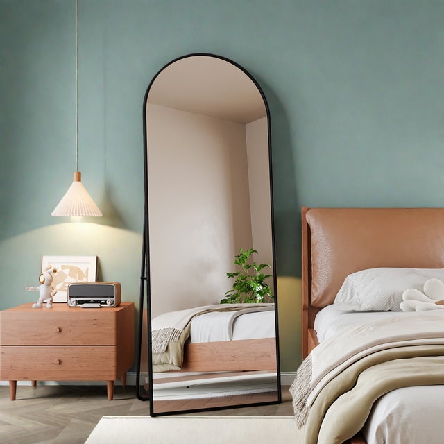 Miroir sur pied 162x53 cm, Miroir mural, Cadre en alliage d'aluminium, Verre trempé, au sol ou suspendu, pour salon, chambre ou dressing, Noir