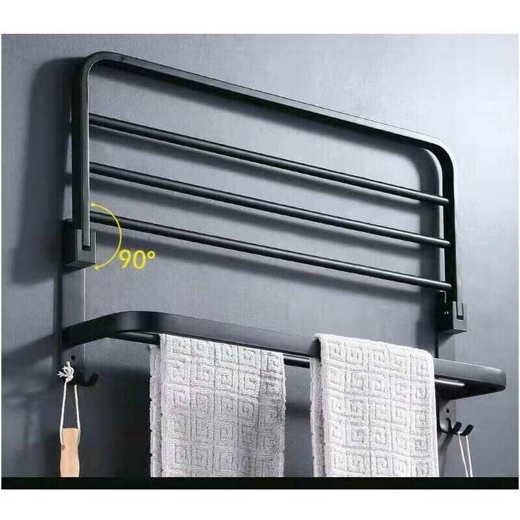 Porte Serviettes Salle de Bains, Étagère de Rangement Pliable Montée , Espace aluminium, Porte Serviette Salle de Bain Mural (40cm，Noir) - 3