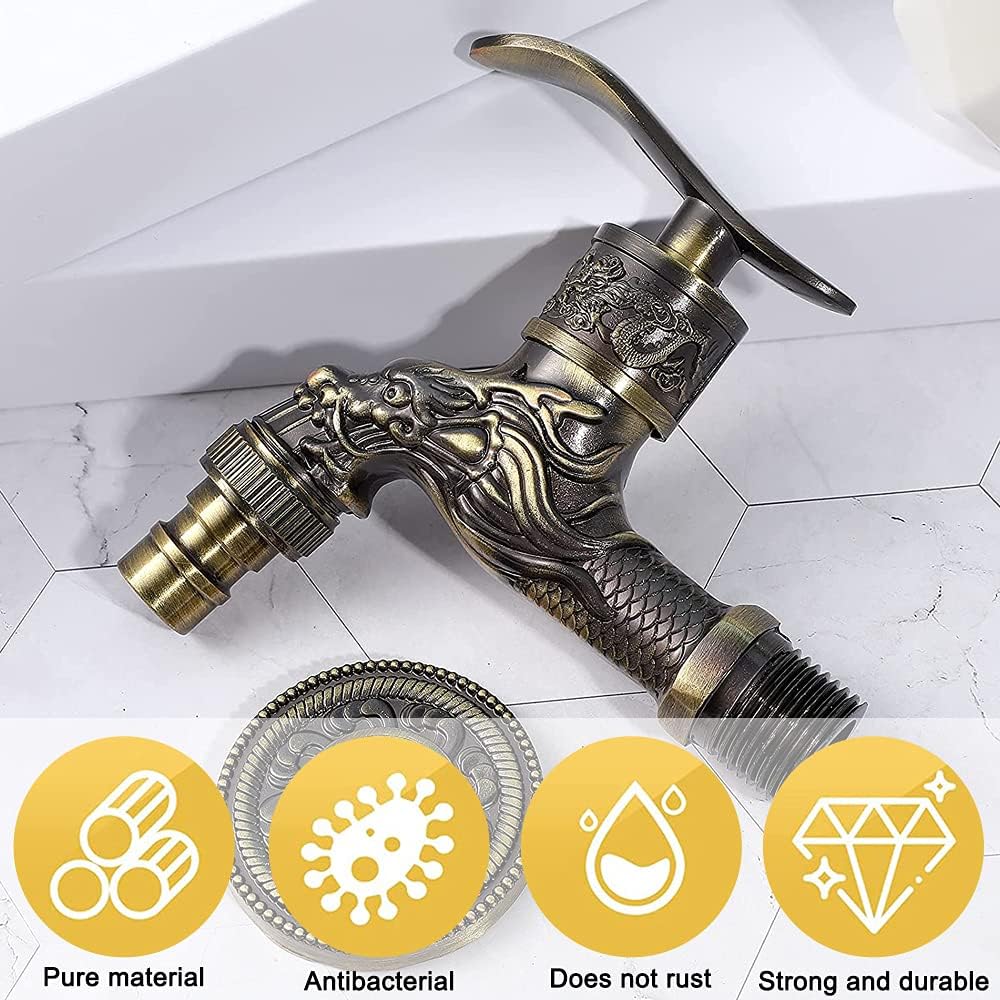 Robinet De Jardin Antique Style Vintage Avec Sculpture De Dragon - Montage Mural 1/2 Pouce - Pour Extérieur, Salle De Bain Ou Cuisine - 9
