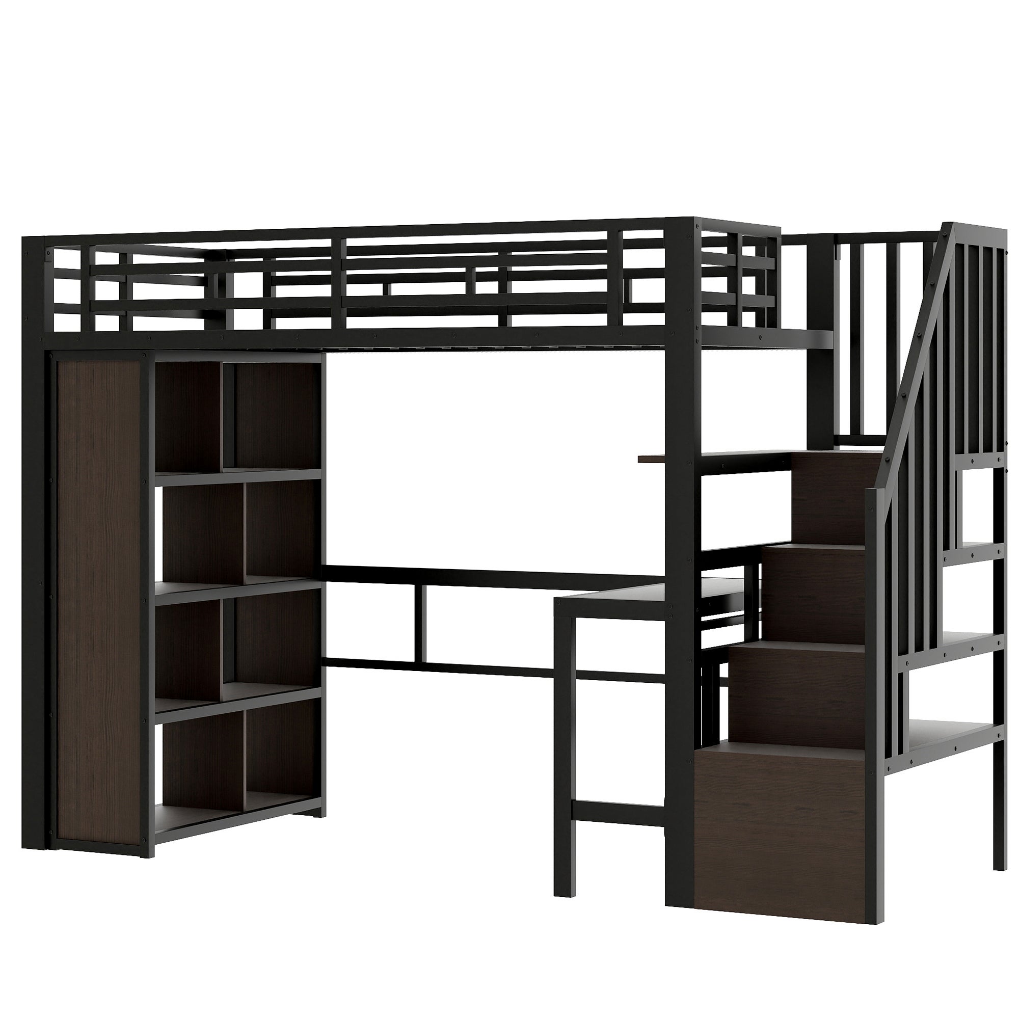 Lit mezzanine en métal 90x200 cm avec bureau et éclairage led app, lit superposé enfant avec escalier de rangement et étagères, noir (sans matelas) - 5