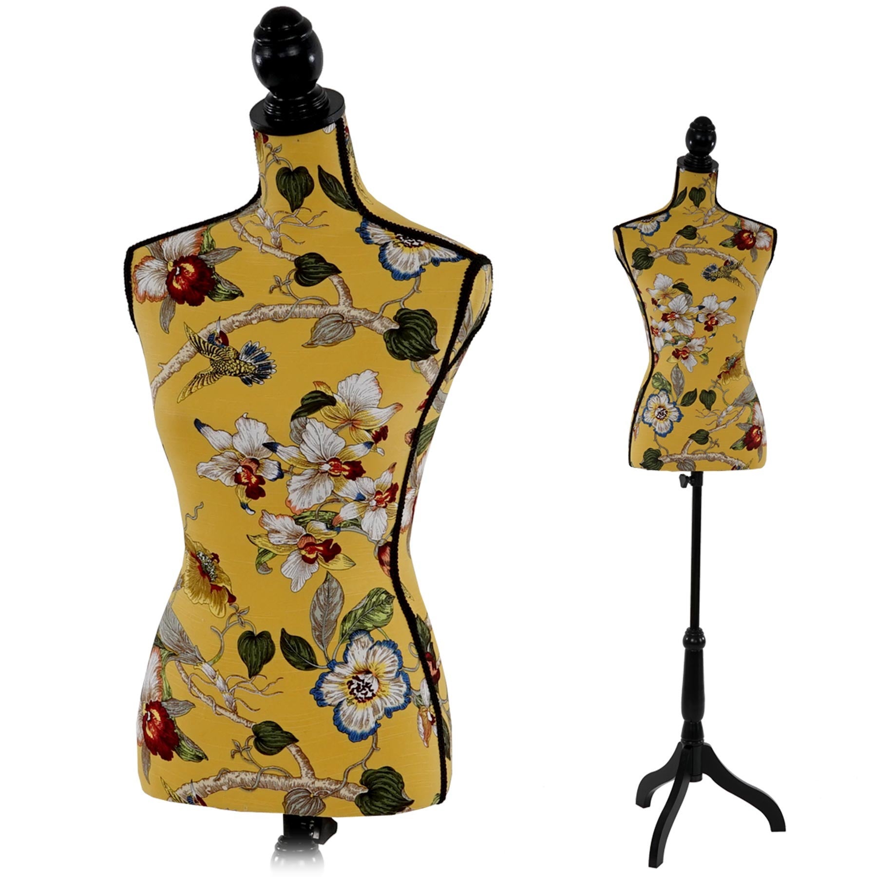 Buste de couture féminin sur pieds hauteur régable mannequin femme déco vitrine fibre de verre jaune avec des fleurs 04_ - 3