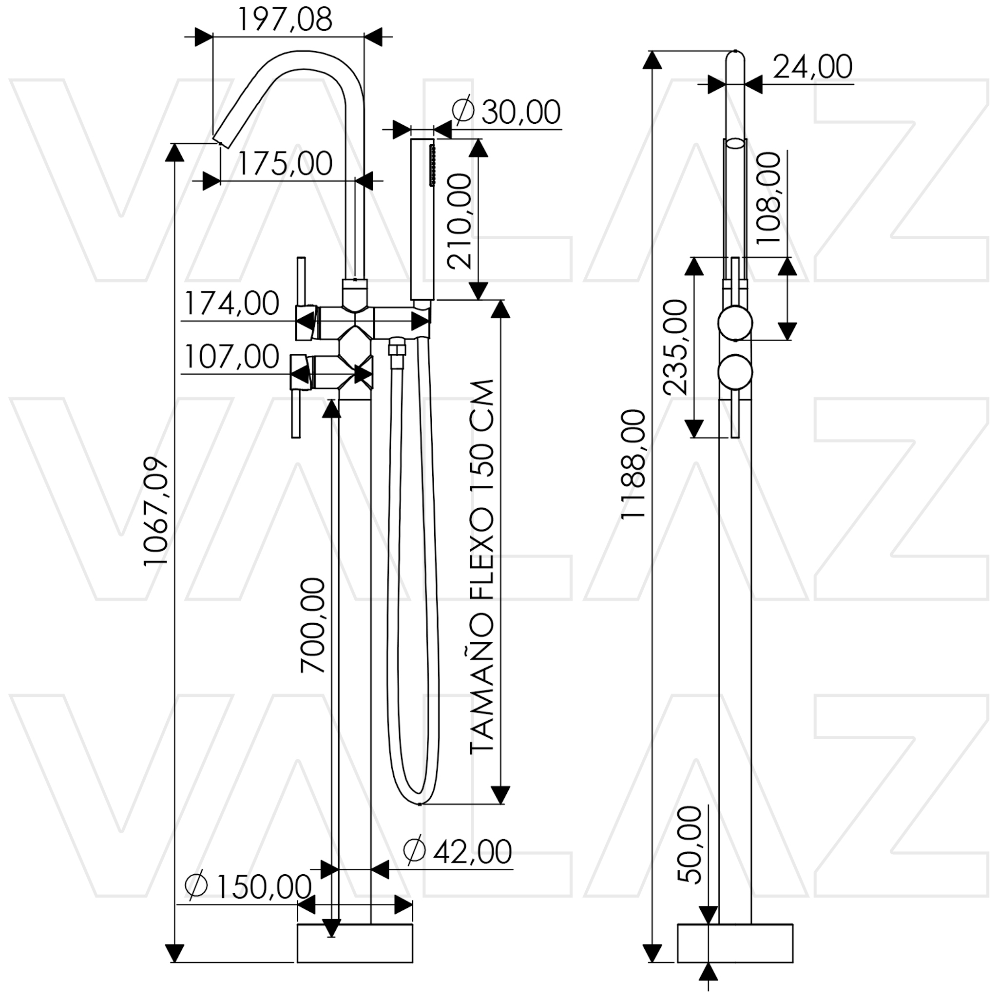 Valaz Robinet de baignoire autoportant rond en or mat avec protection PVD - Série Missouri - 2