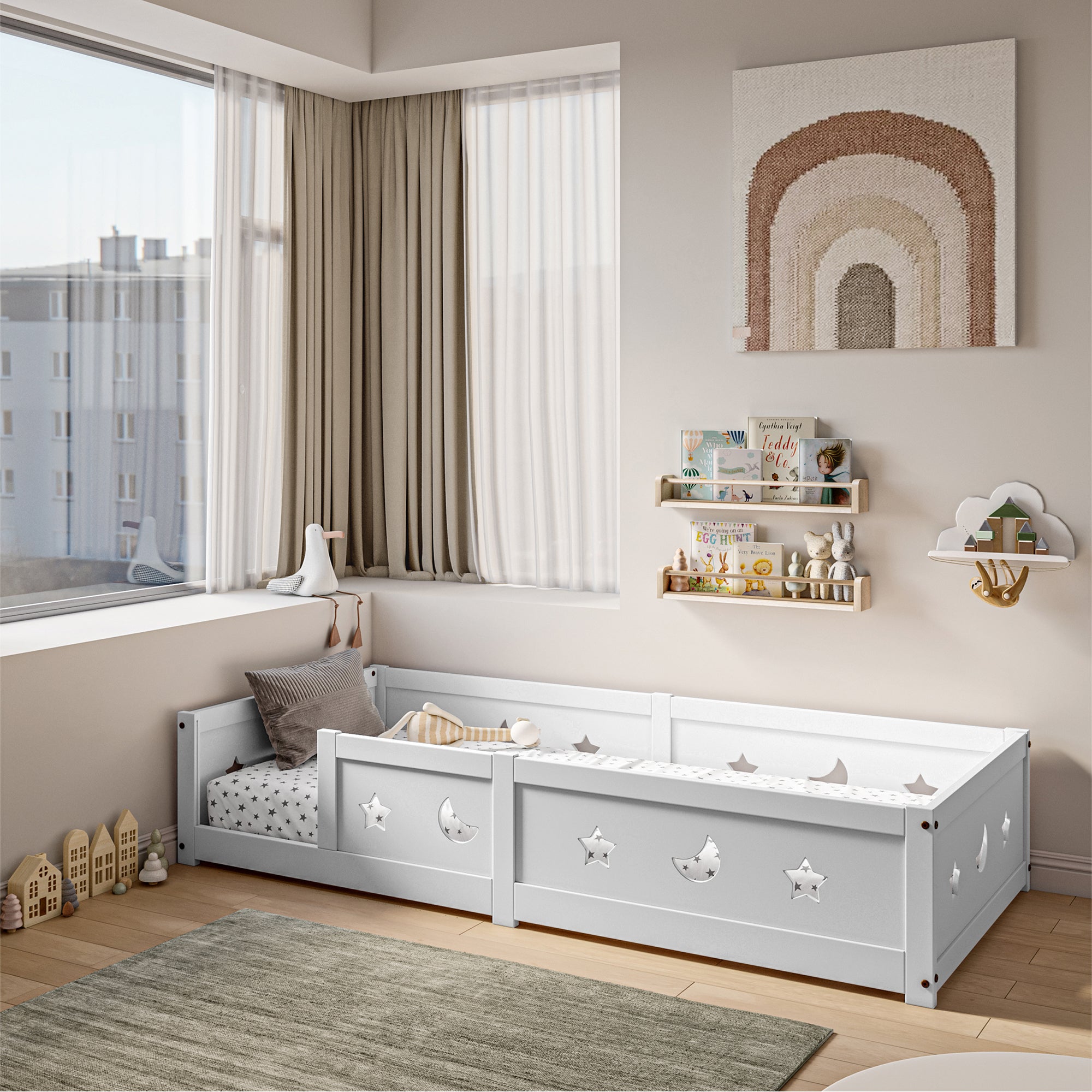 Lit enfant 90x200 cm - Lit évolutif 90x200cm - Lit avec barrière de sécurité - Motifs étoiles et lune - Lit au sol - structure bois massif - Blanc - 2