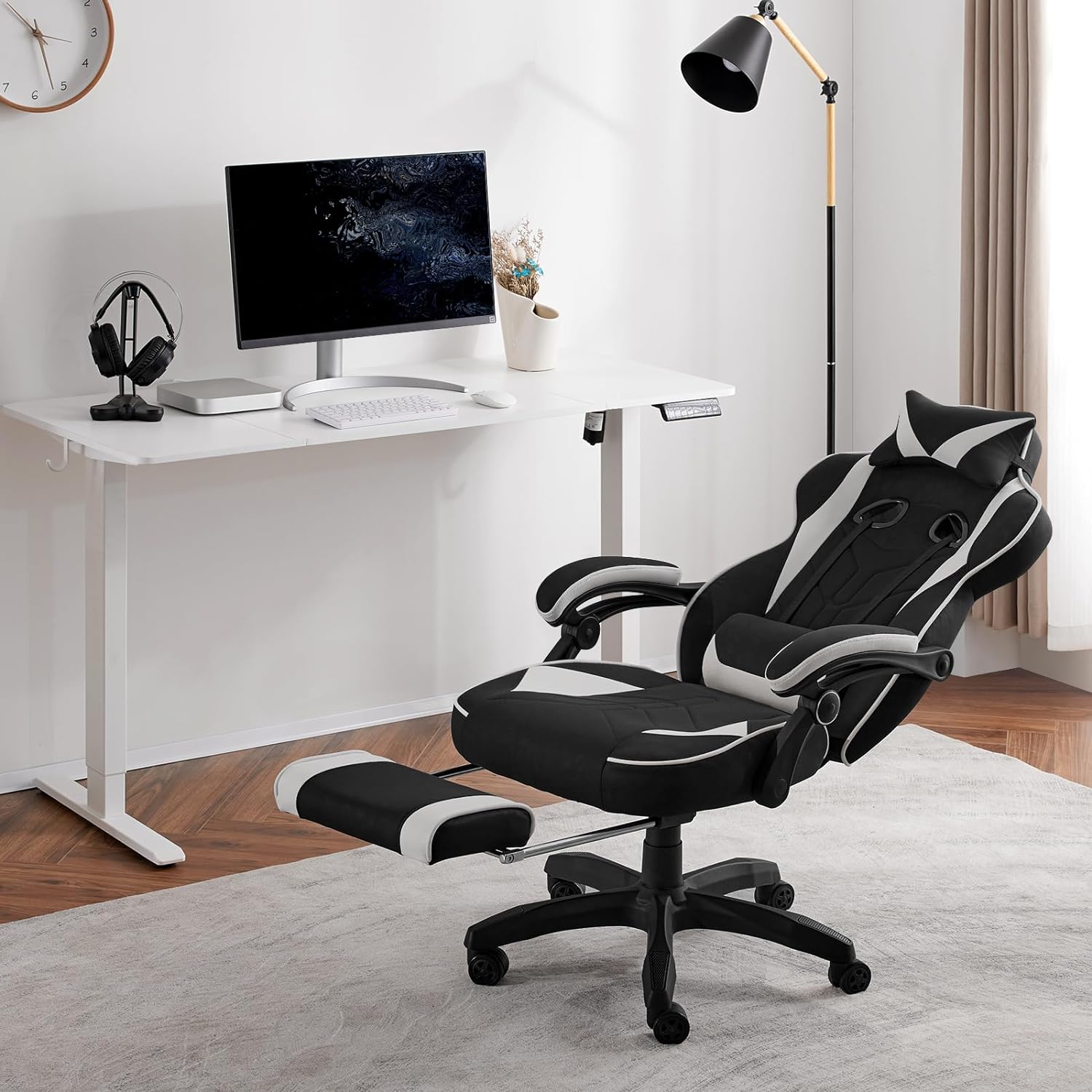 WOLTU Chaise Gaming en Tissu Respirant，Fauteuil Gamer Ergonomique，avec Coussin Lombaire，Appui-Tête et Repose-Pieds，Tissu Leathaire，Gris - 3