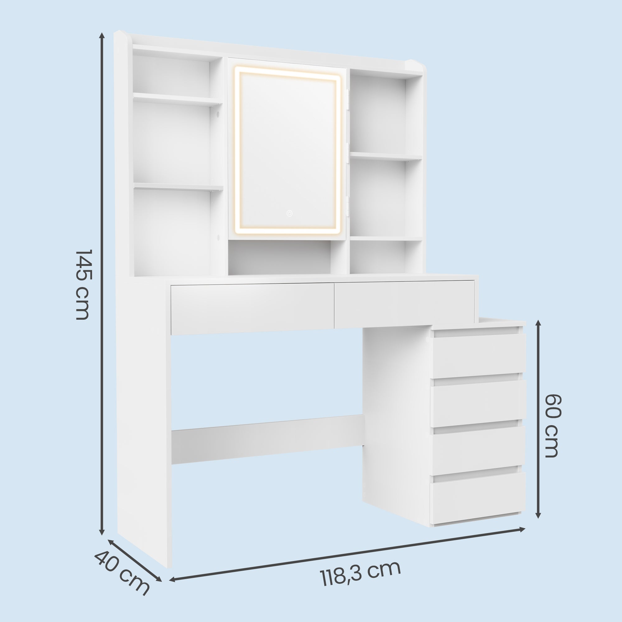Coiffeuse, avec Grand Miroir LED à Luminosité Réglable, 40 x 118,3 x 145 cm, Blanc - 5