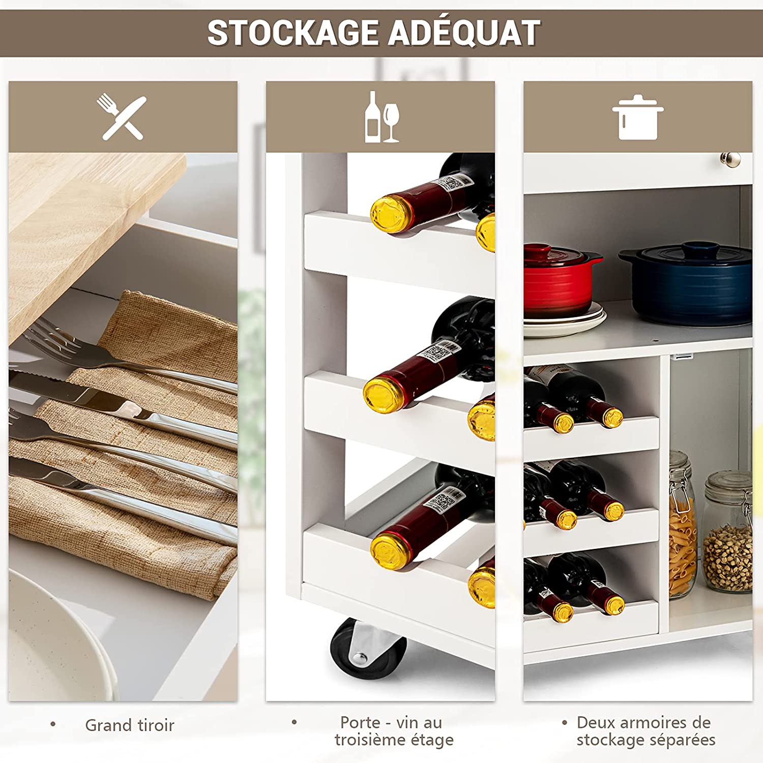 Aparador de cozinha com rodízios, tabuleiro de arrumação de cozinha em madeira de Hevea, gaveta, suporte para garrafas de 3 níveis e 2 pratele - 4