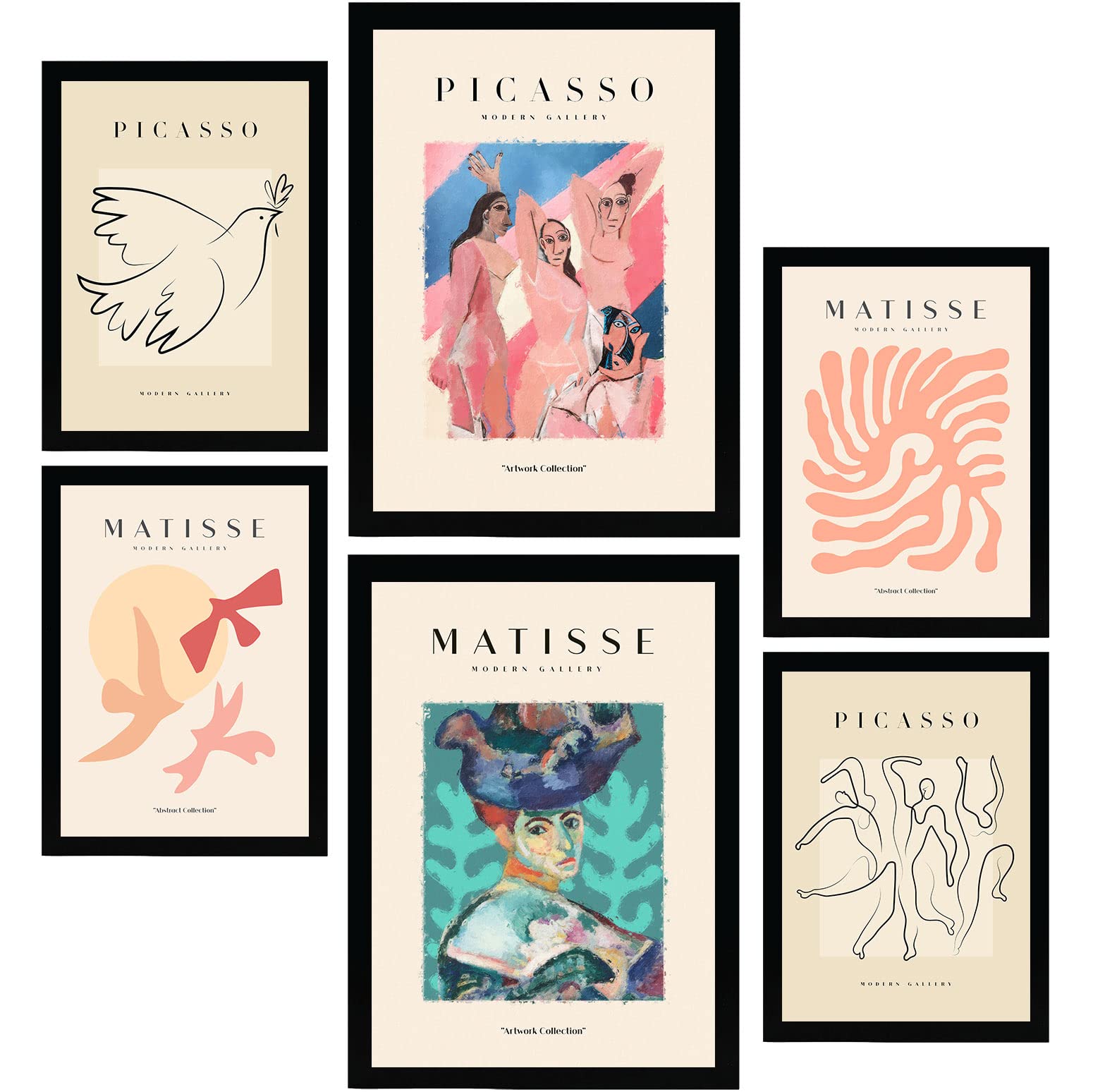 Nacnic set de 6 posters de picasso y matisse cuerpos láminas de fauvismo y surrealismo para el diseño y tamaños a3 & a4 marco negro
