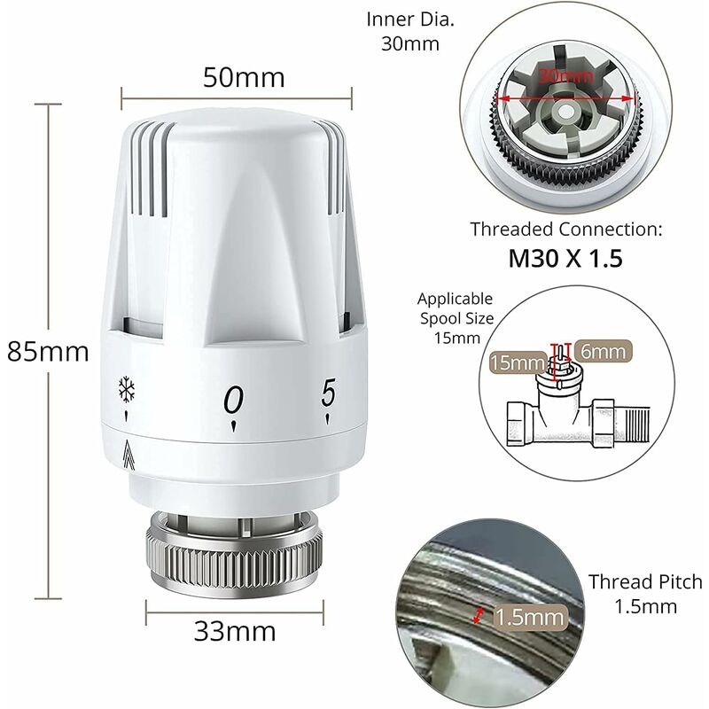Tête de radiateur thermostatique 3 pièces tête de thermostat de radiateur TRV M 30 x 1,5 tête de remplacement de la vanne de radiateur thermostatique - 2