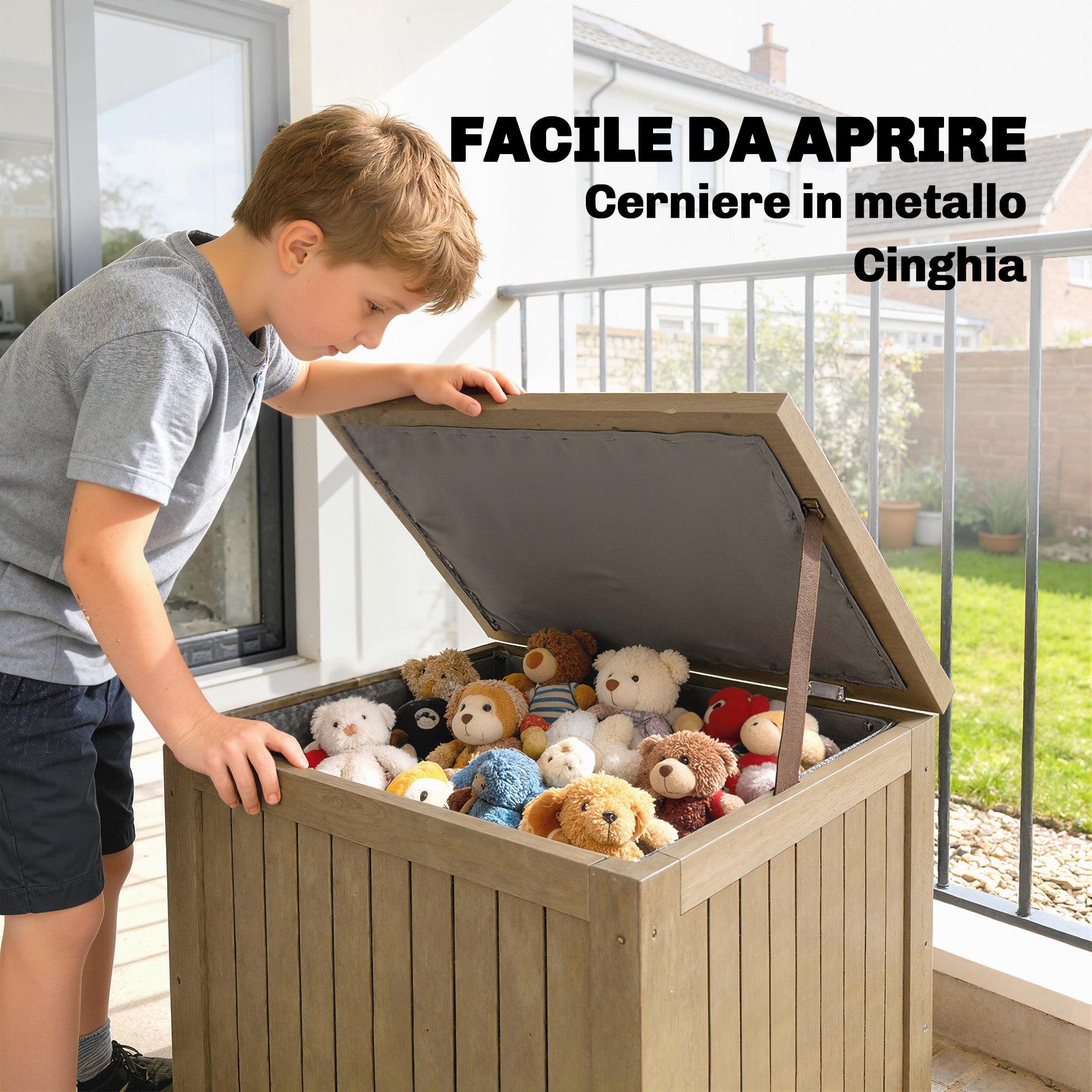 Coffre de rangement extérieur 130 L avec couvercle, charnières et sangle, en bois, 63 x 51 x 58,5 cm, marron - 8