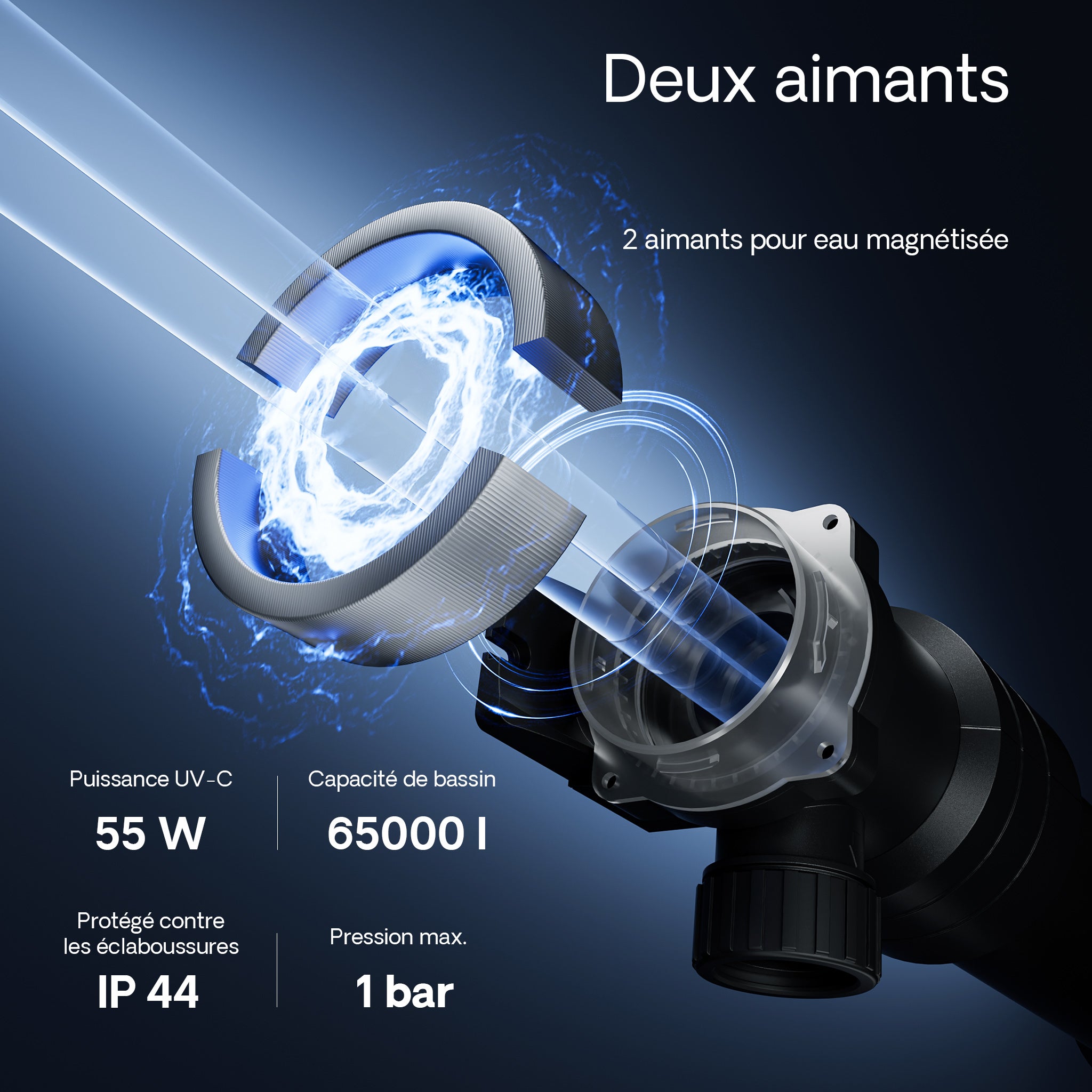 CUV-655 Stérilisateur Clarificateur bassins/étang - débit max. 8000 l/h - avec Lampe rayons UV-C 55 W + Miroir inox + Aimants - pour… SunSun - 3