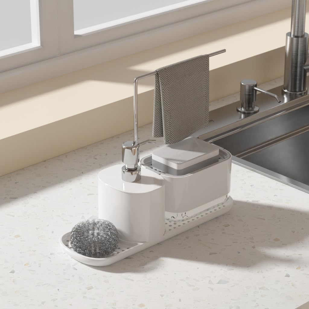 DISTRIBUTEUR DE SAVON LIQUIDE AVEC PORTE-EPONGE A VAISSELLE ET Main 2 En 1 N