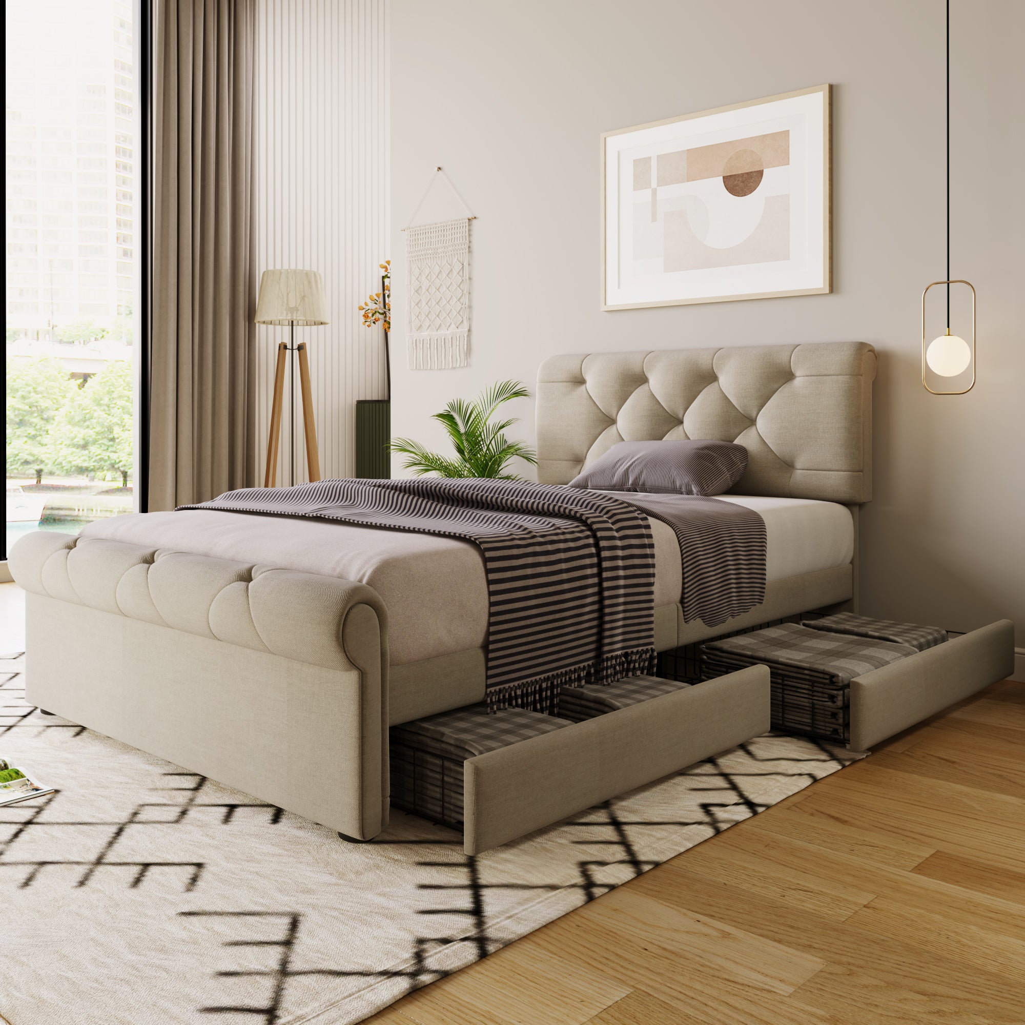 Cadre de lit avec 2 tiroirs, lit simple rembourré 90x200cm, tête de lit réglable en hauteur, lit fonctionnel Chesterfield, bien sûr, sans matelas - 3