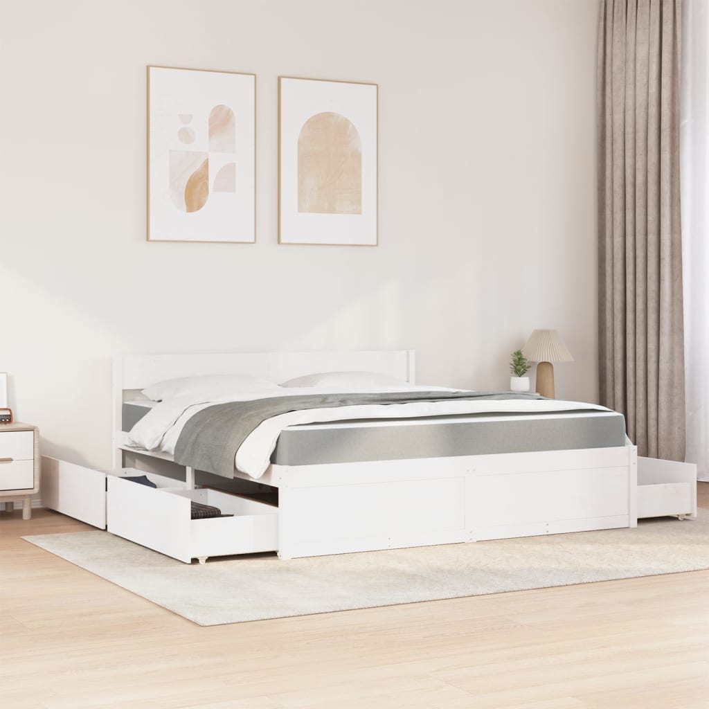 Lit avec tiroirs et matelas blanc 180 x 200 cm bois massif de pin - 3