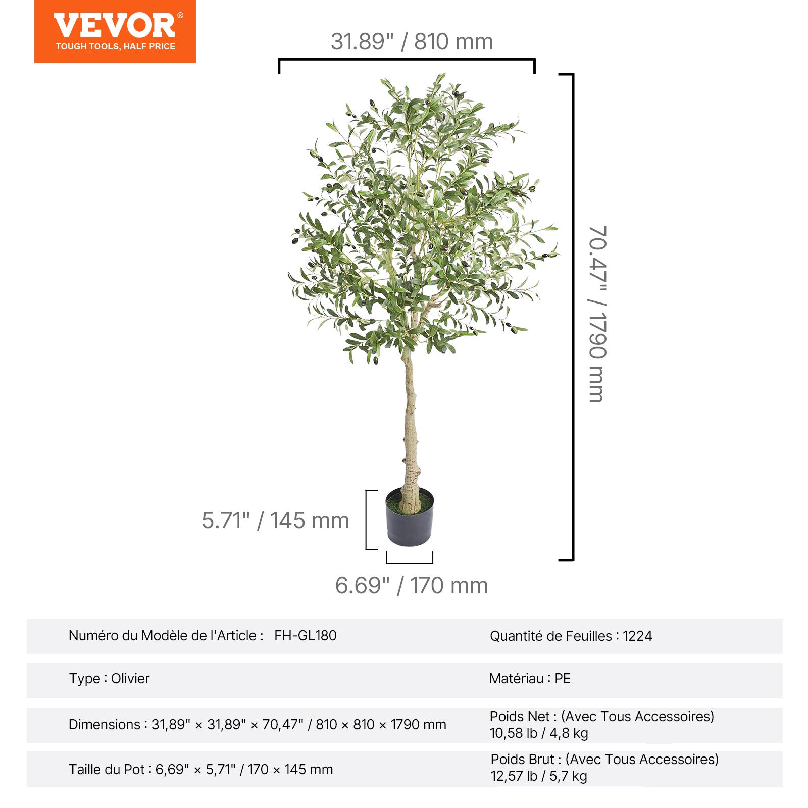 Arbre Artificiel VEVOR 179cm Plante Artificielle PE Haut Olivier Faux Arbre Vert avec Pot 170x145mm Décoration Style Fausse Plante pour Maison Bureau - 7