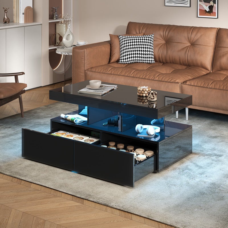 Table Basse avec Lumières LED, Table Basse Salon avec 2 Tiroirs et Compartiment Ouvert, Table de Salon, Bureau,104x53x46 cm, Noir - 6