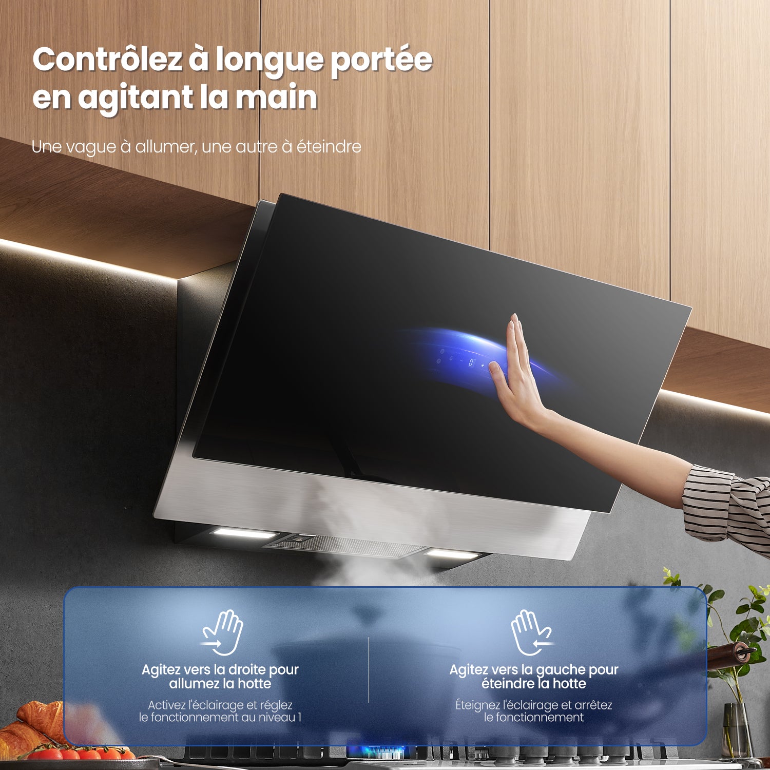 COMFEE Hotte Aspirante Inclinée 90cm 800m³/h Classe A++, Commandes Gestuelles, BLDC Moteur, 4 Vitesses, Evacuation & Recyclage, Verre Noir - 4