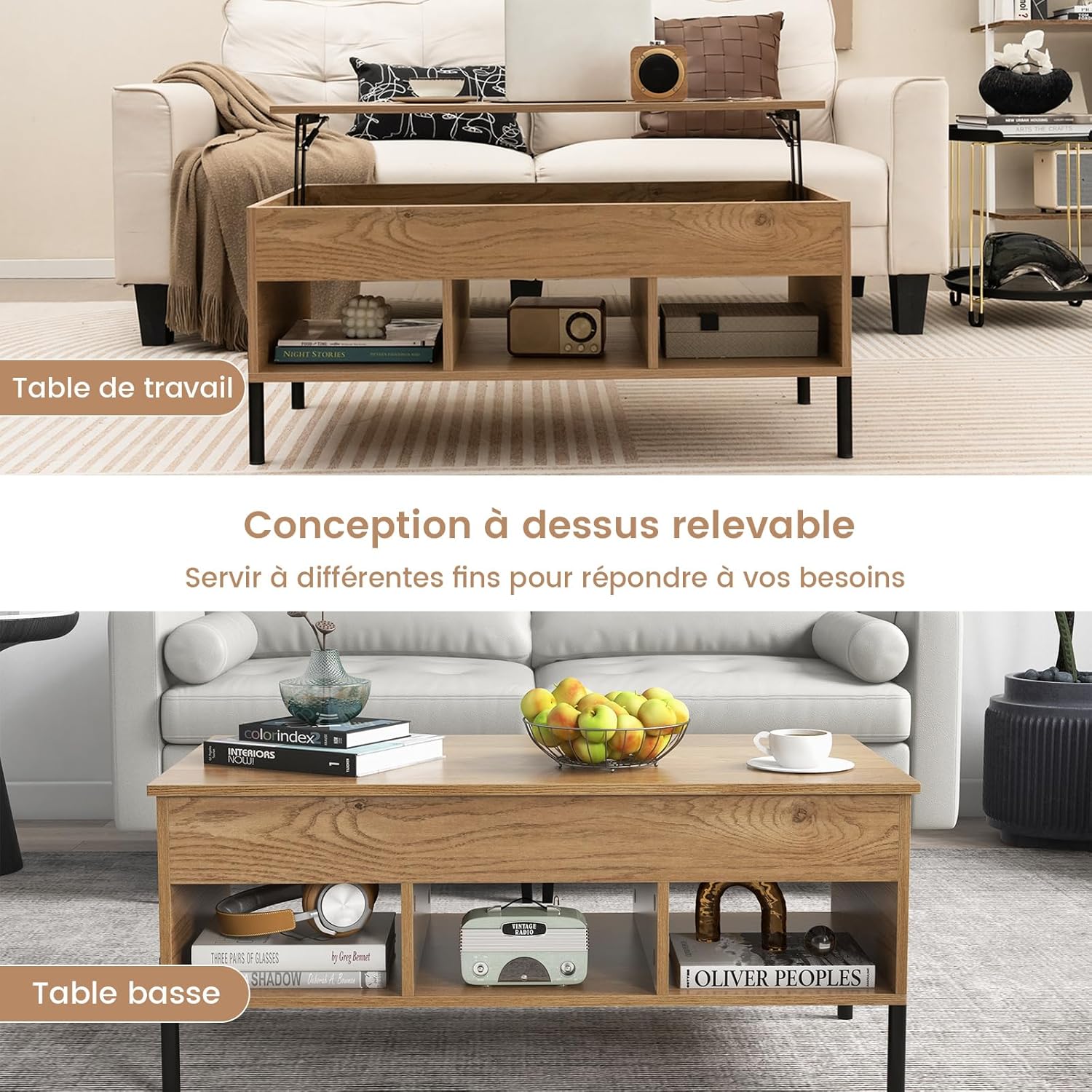 Tavolino da Caffè Sollevabile, Tavolo da Salotto con Piano Sollevabile, Ampio Comparto Nascosto e 3 Scomparti Aperti, Tavolo da Cocktail con G - 4