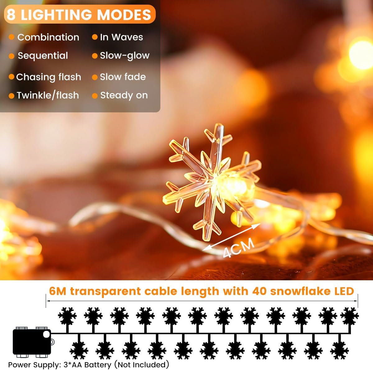 Guirlande Lumineuse Flocon de Neige, 6M 40 LED à Piles – 8 Modes d’éclairage avec Mémoire – Guirlande de Noël Intérieur Extérieur pour Sapin, Chambre - 2