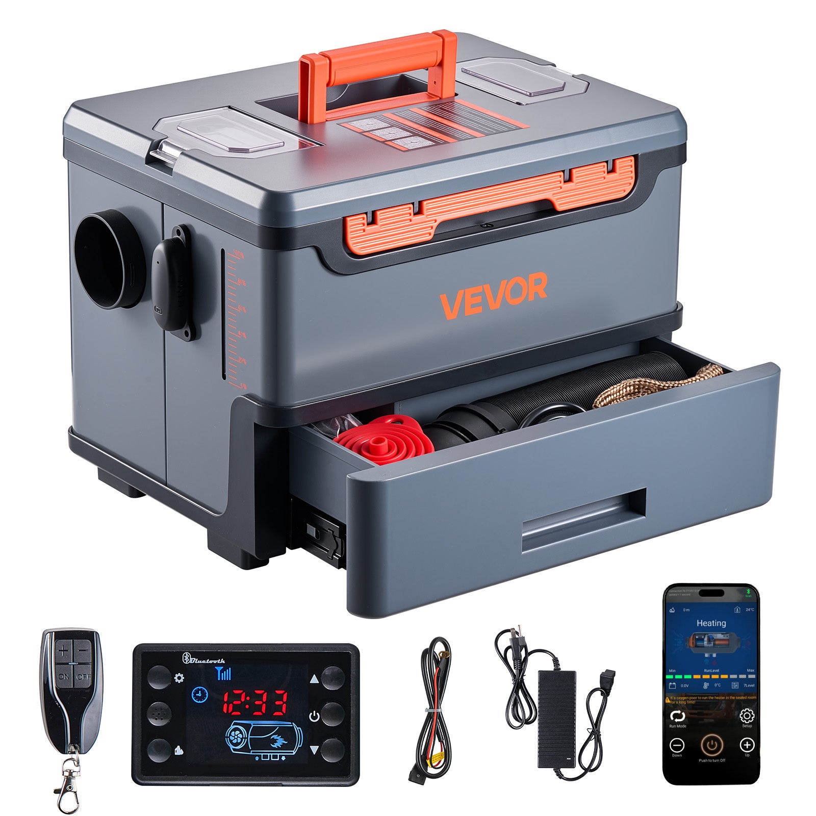 Calentador diésel portátil vevor 8 kw, 12 v/24 v cc, con control por aplicación bluetooth, mando a distancia y pantalla lcd, depósito 5 l, para camión
