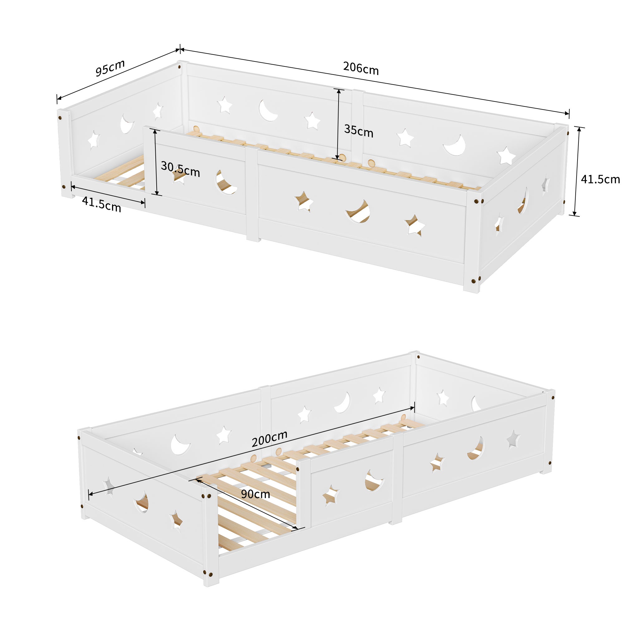 Lit enfant 90x200 cm - Lit évolutif 90x200cm - Lit avec barrière de sécurité - Motifs étoiles et lune - Lit au sol - structure bois massif - Blanc - 7