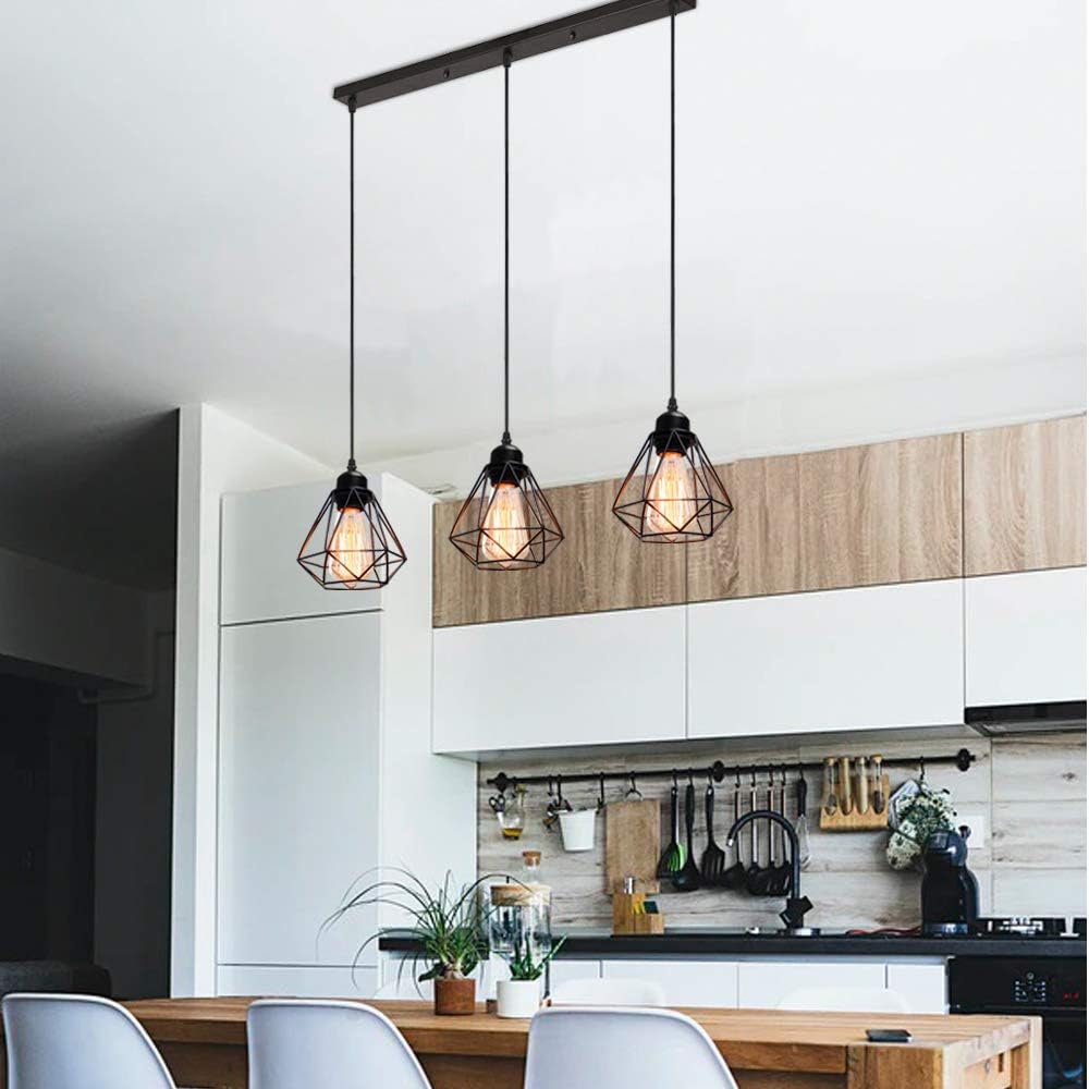 3 Lampes Suspension Luminaire Industrielle Métal Lustre Plafonnier Style Cage Géométrique E27 Mini Lampe Suspension Vintage avec Support Barre, Noir - 4