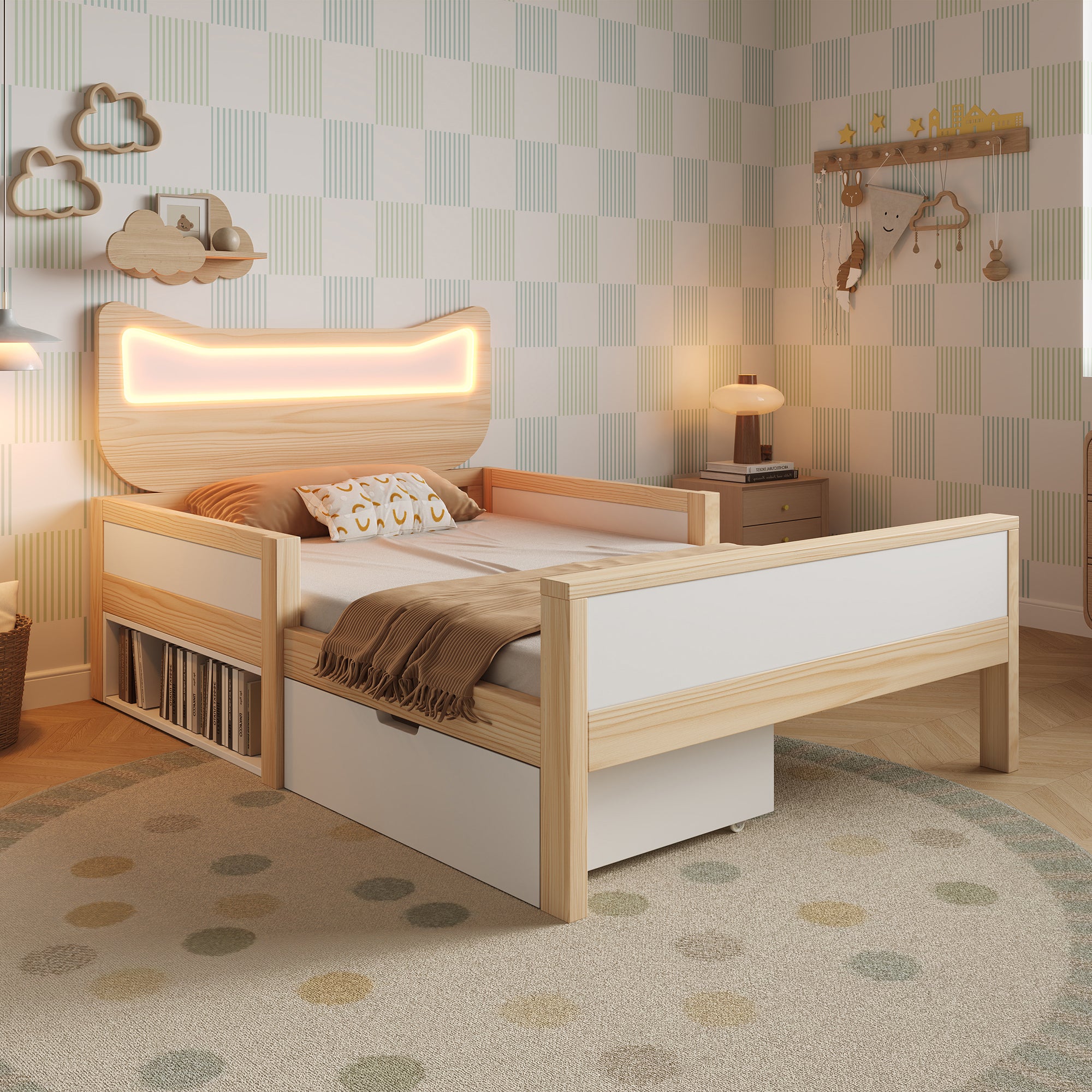 Lit enfant 90×190 cm avec RGB LED et tête de lit oreilles de chat,Lit simple avec tiroirs et compartiments de rangement,Blanc+chêne(Sans matelas) - 7