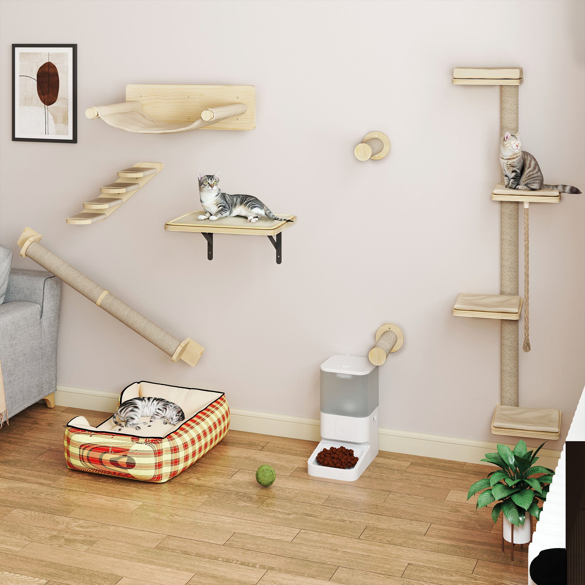Balconera Ensemble de murs d'escalade pour chat 7 pièces, arbre à chat avec 3 griffoirs et 4 marches, montage mural, beige - 2
