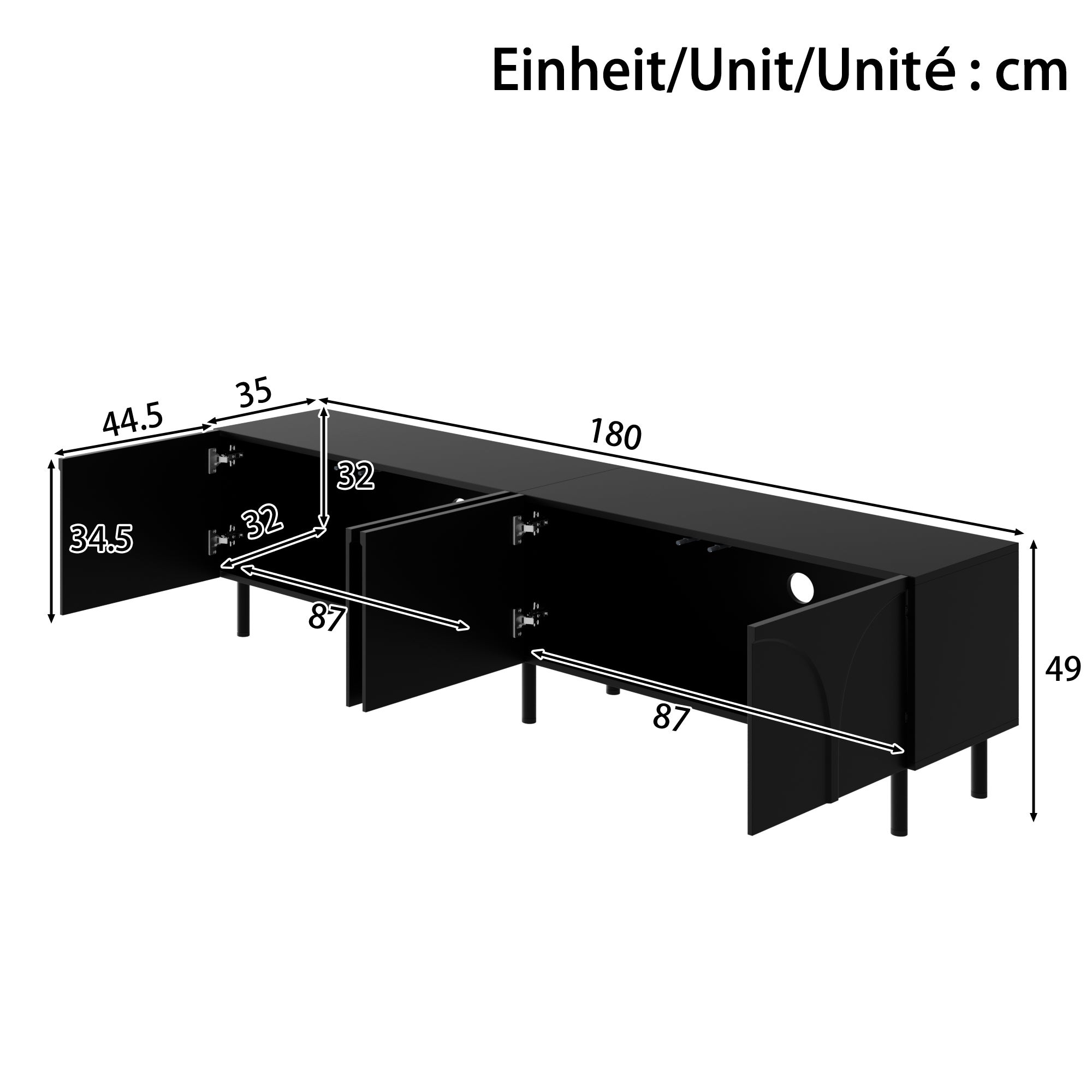 Stojak pod telewizor z 4 drzwiami o trójwymiarowych zakrzywionych liniach – 180 x 35 x 49 cm – Płyta wiórowa i MDF – Nogi metalowe – Czarny - 5