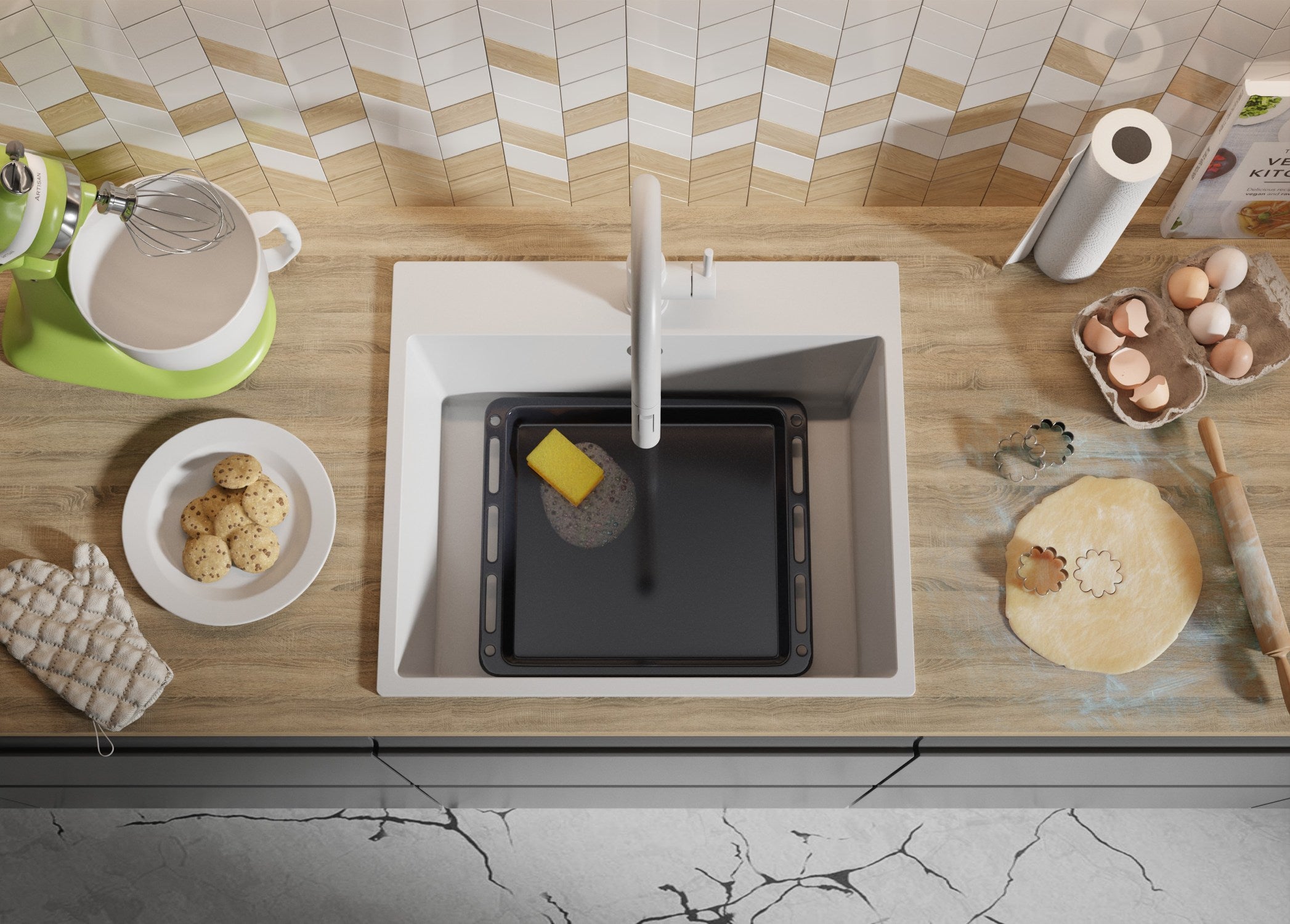 Lava-louça de pousar Branco 58x50cm, Pia de Cozinha 1 cuba + Kit de drenagem, Pia em Granito em armários de 60cm - Ryga PRIMAGRAN - 8