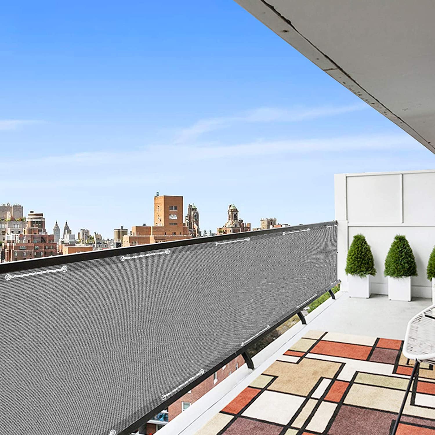 Telo Copribalcone Tinta Unita 90 x 500 Cm HDPE UV Frangivento Con Occhielli e 24 Metri Corda Schermo Privacy Terrazzo - Grigio - 3