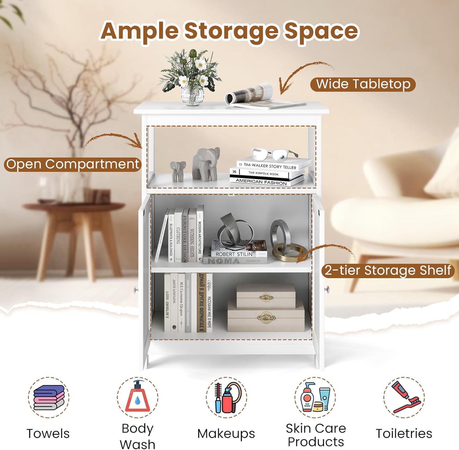 Mobile da bagno, armadio da bagno a terra con doppie ante, ripiano grande, 2 scomparti aperti, moderno per ingresso, soggiorno (bianco) - 5