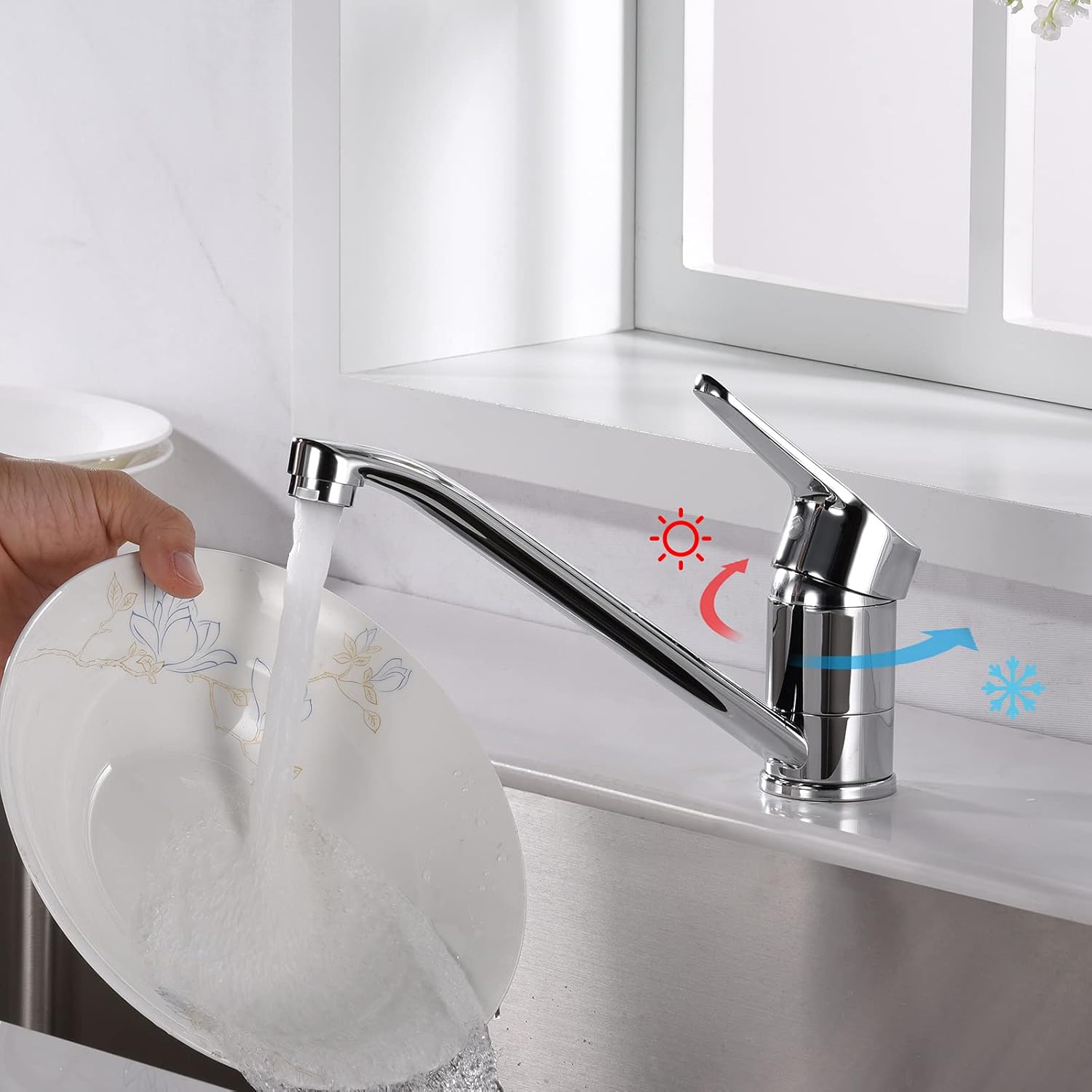 Robinet mitigeur d'évier, robinet de cuisine à levier unique, robinet mitigeur de cuisine rotatif à 360 °, tuyaux d'eau chaude et froide complets - 4