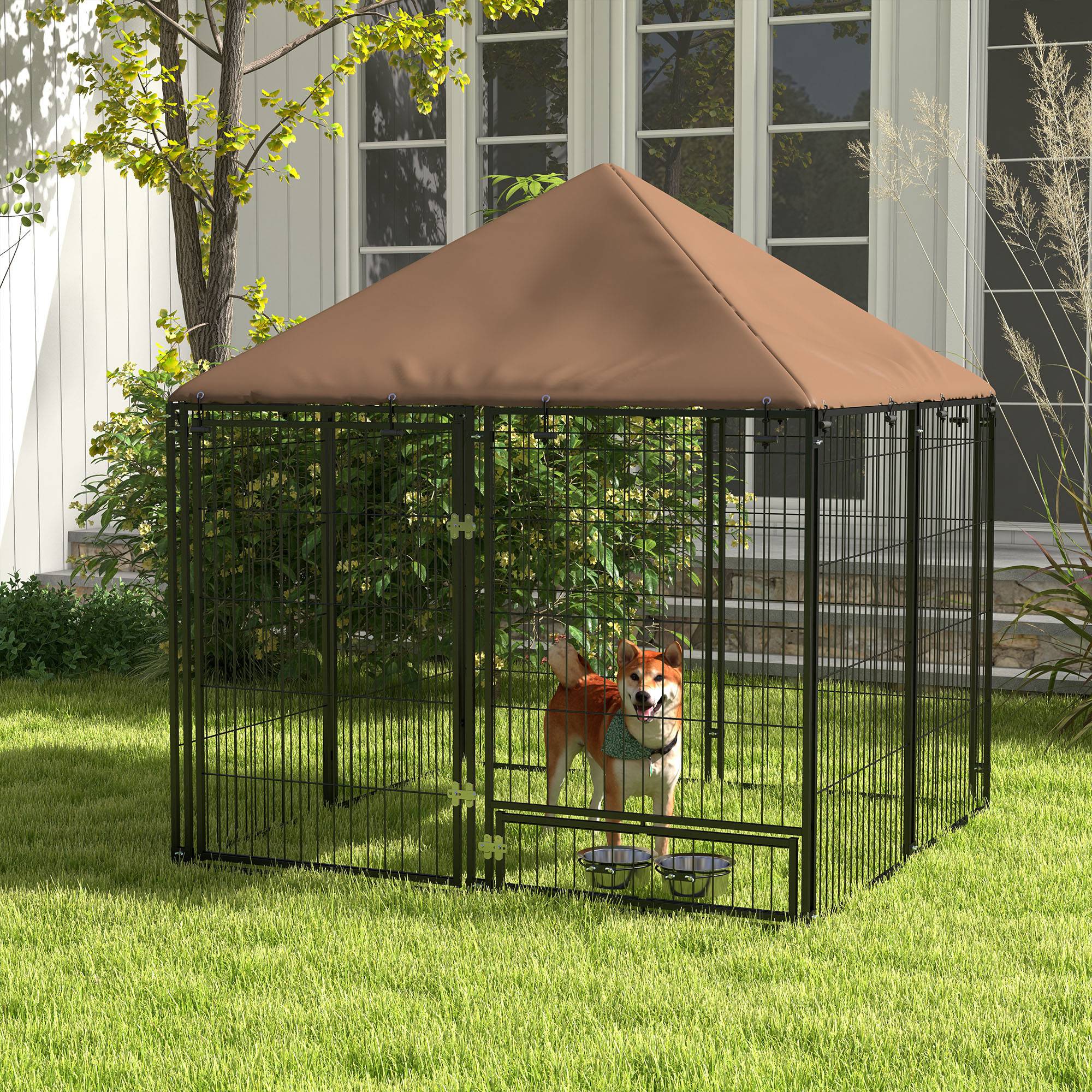 Enclos extérieur pour chiots avec auvent, parc de jardin, cage, gamelle pivotante, 141 x 141 x 151 cm - 3