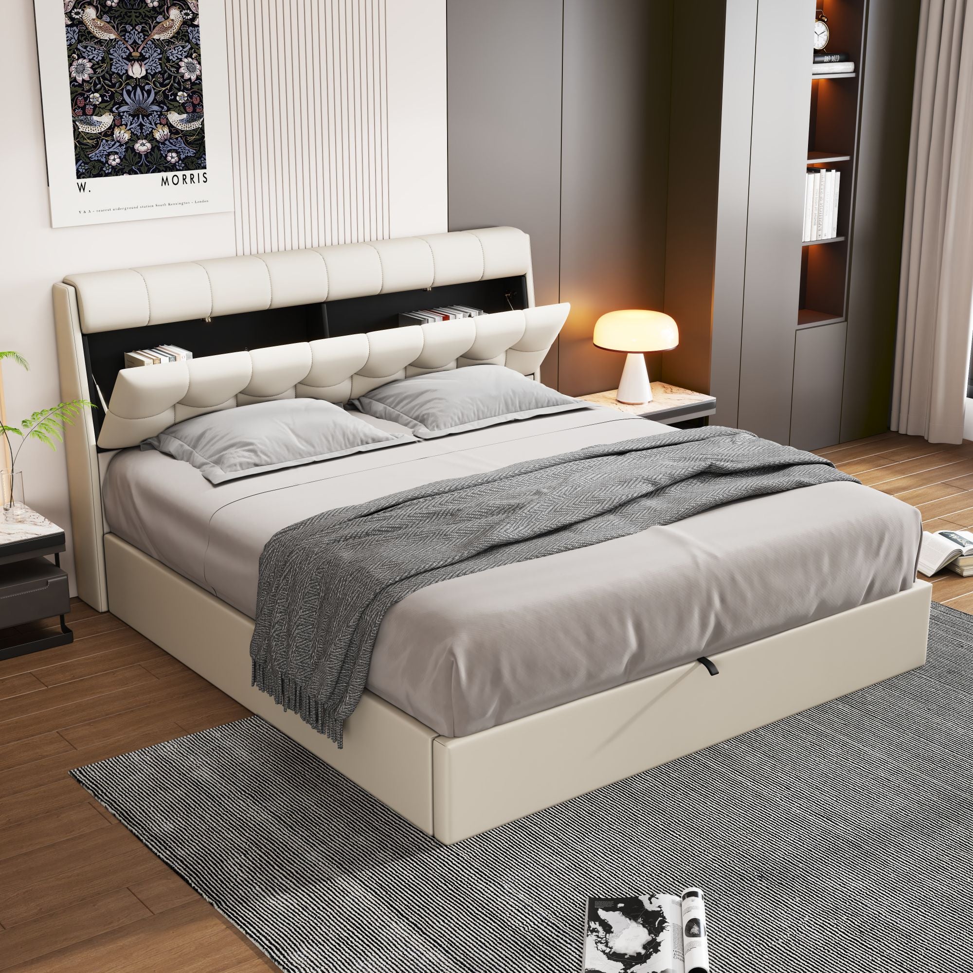 Elegante cama con almacenaje 160 x 200 cm - Estante oculto en el cabecero - Polipiel - Somier de láminas - Blanco - 2