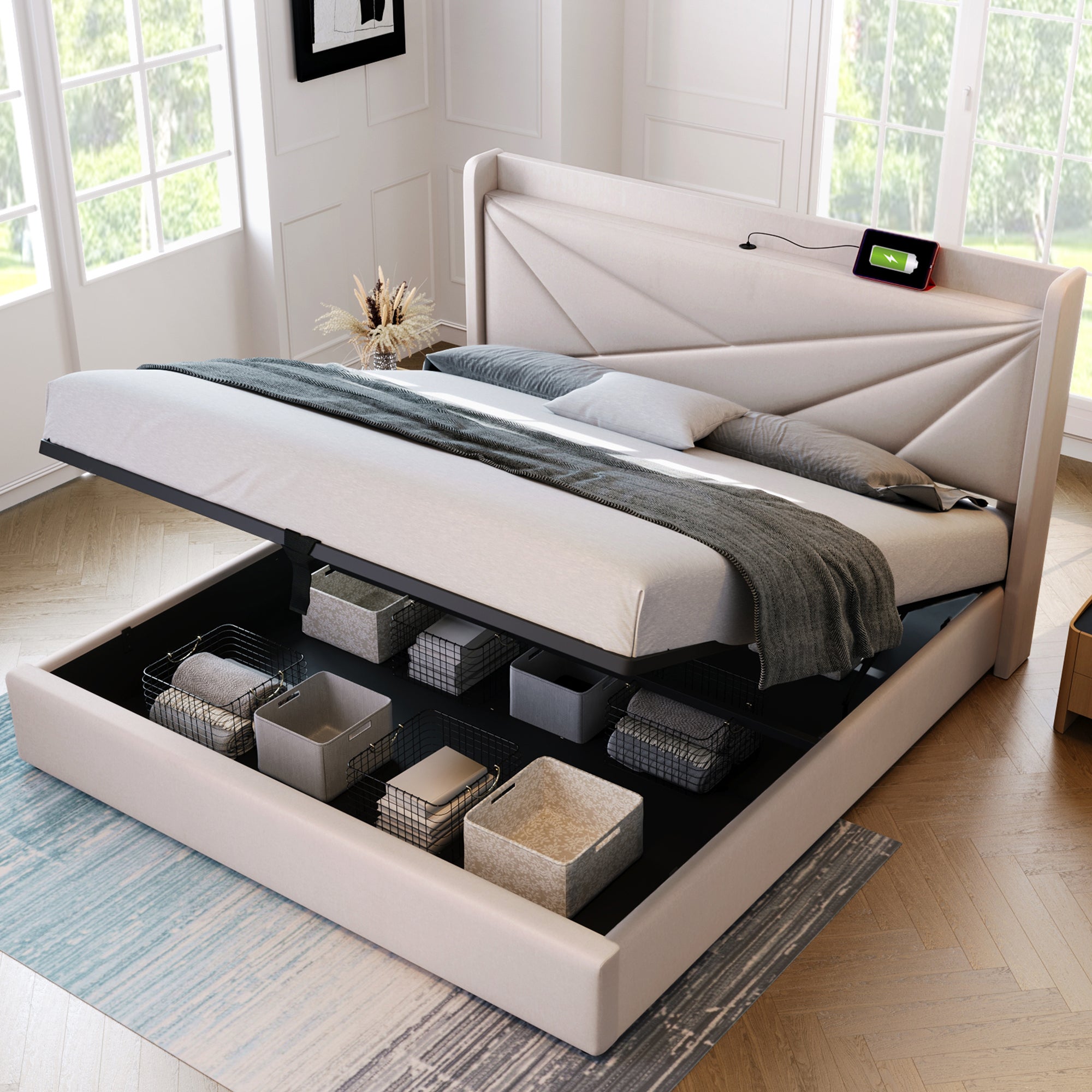 Lit rembourré lit double coffre de rangement avec fonction de charge USB Type C tête de lit, lits de rangement cadre de lit en lin lit jeune 140x200 - 4