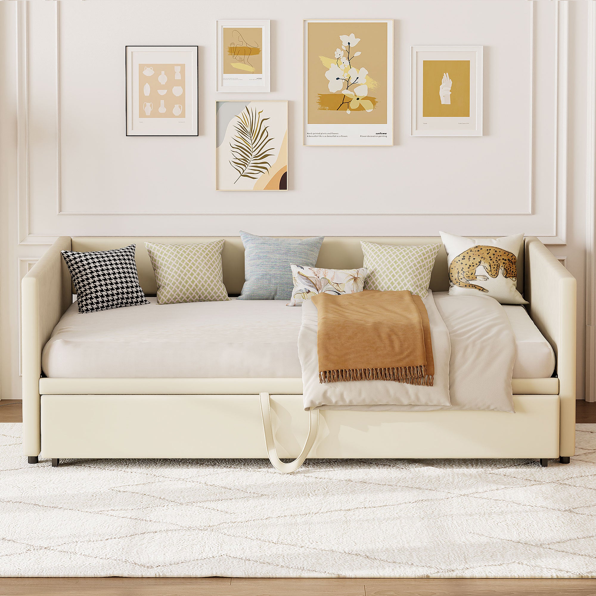 Canapé lit convertible180 x 200cm-Canapé-lit extensible rembourré pour Salon et Chambre d'Amis-Gain de place-lit 2 personnes-beige-Sans Matelas - 8
