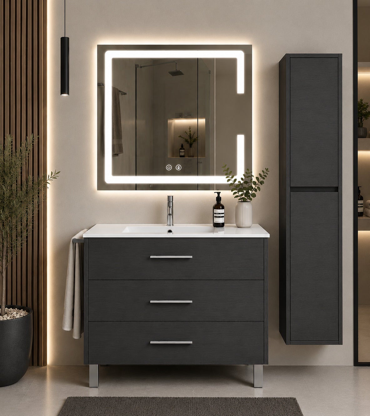 Mobilier de baie cu lavoar ORIGENBATH RIBERA fără oglindă 60x45 cm grafito cu coloană